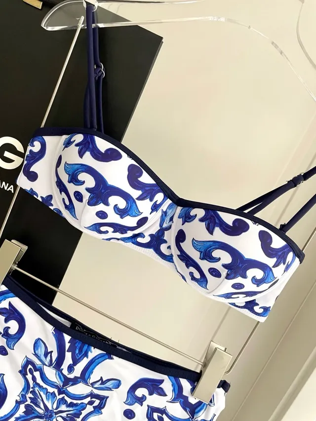 Blue and White Ornamental Print Structured Bustier Two-Piece Swimwear 8