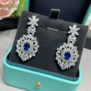 Blue Silver Floral-Top Chandelier Drop Oval Center Stone Earrings