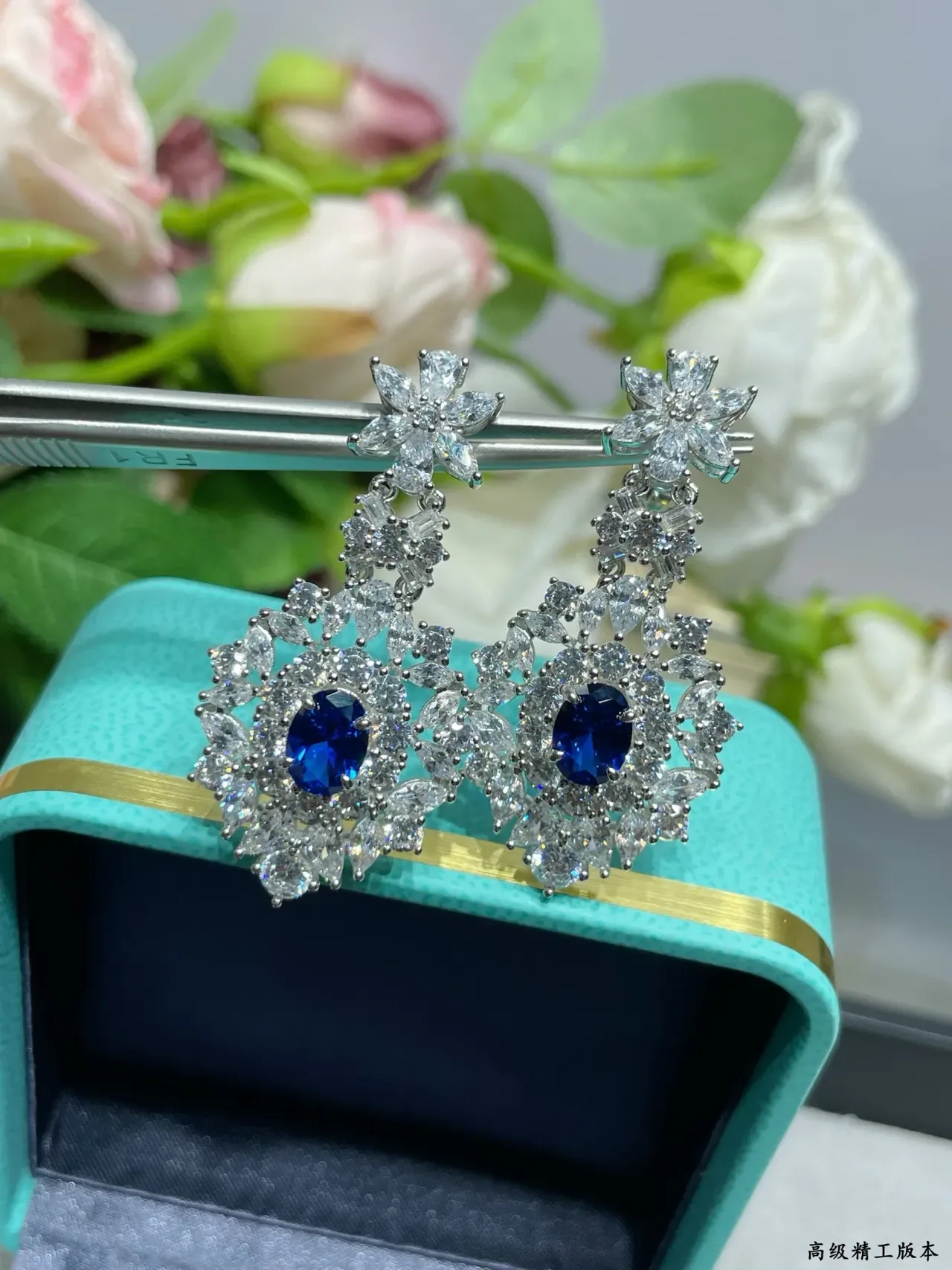 Blue Silver Floral-Top Chandelier Drop Oval Center Stone Earrings 2