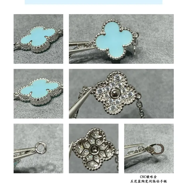 Blue Silver Four-Leaf Clover Charms Light Enamel Inlay Bracelet 2
