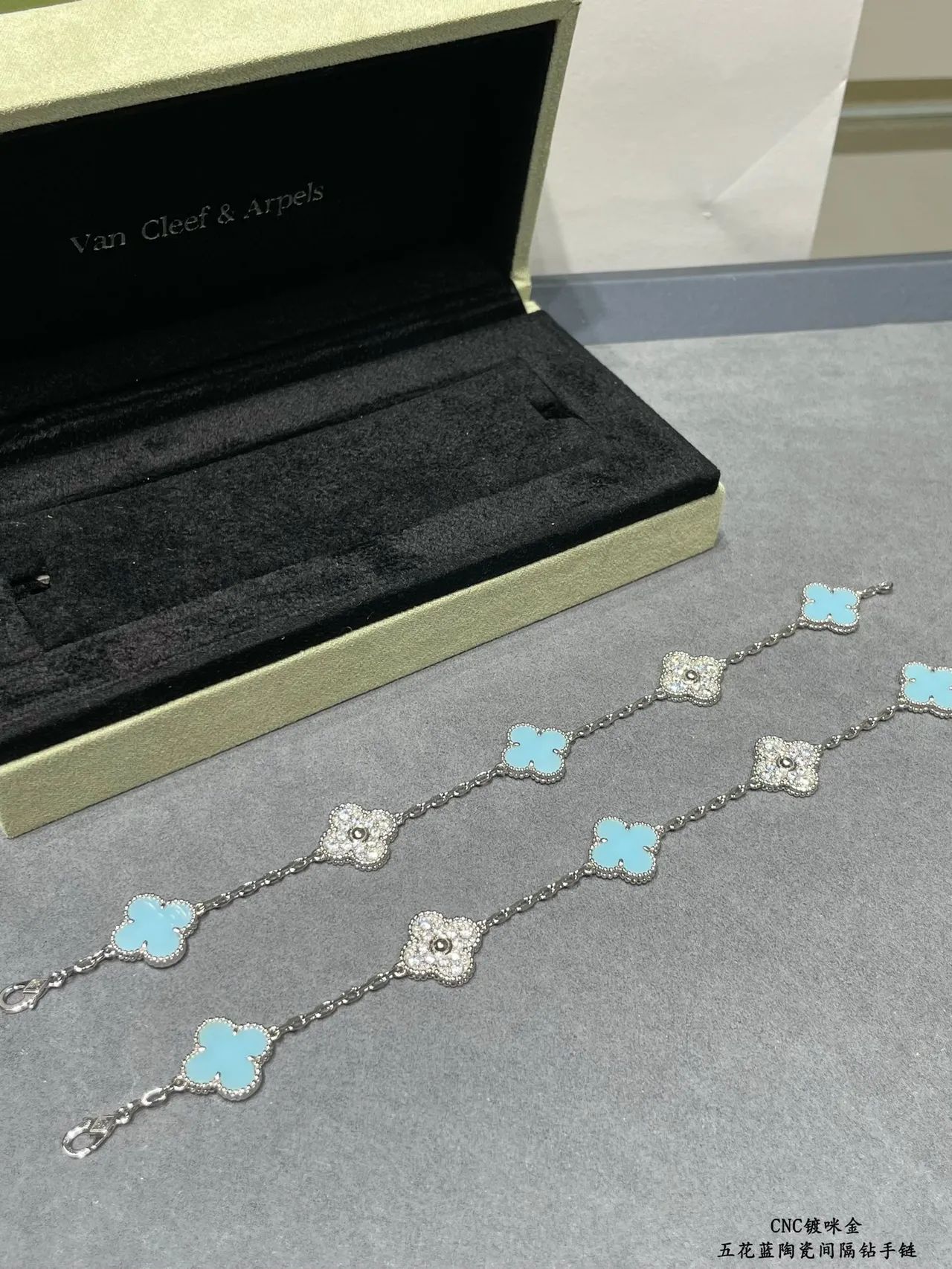Blue Silver Four-Leaf Clover Charms Light Enamel Inlay Bracelet 4