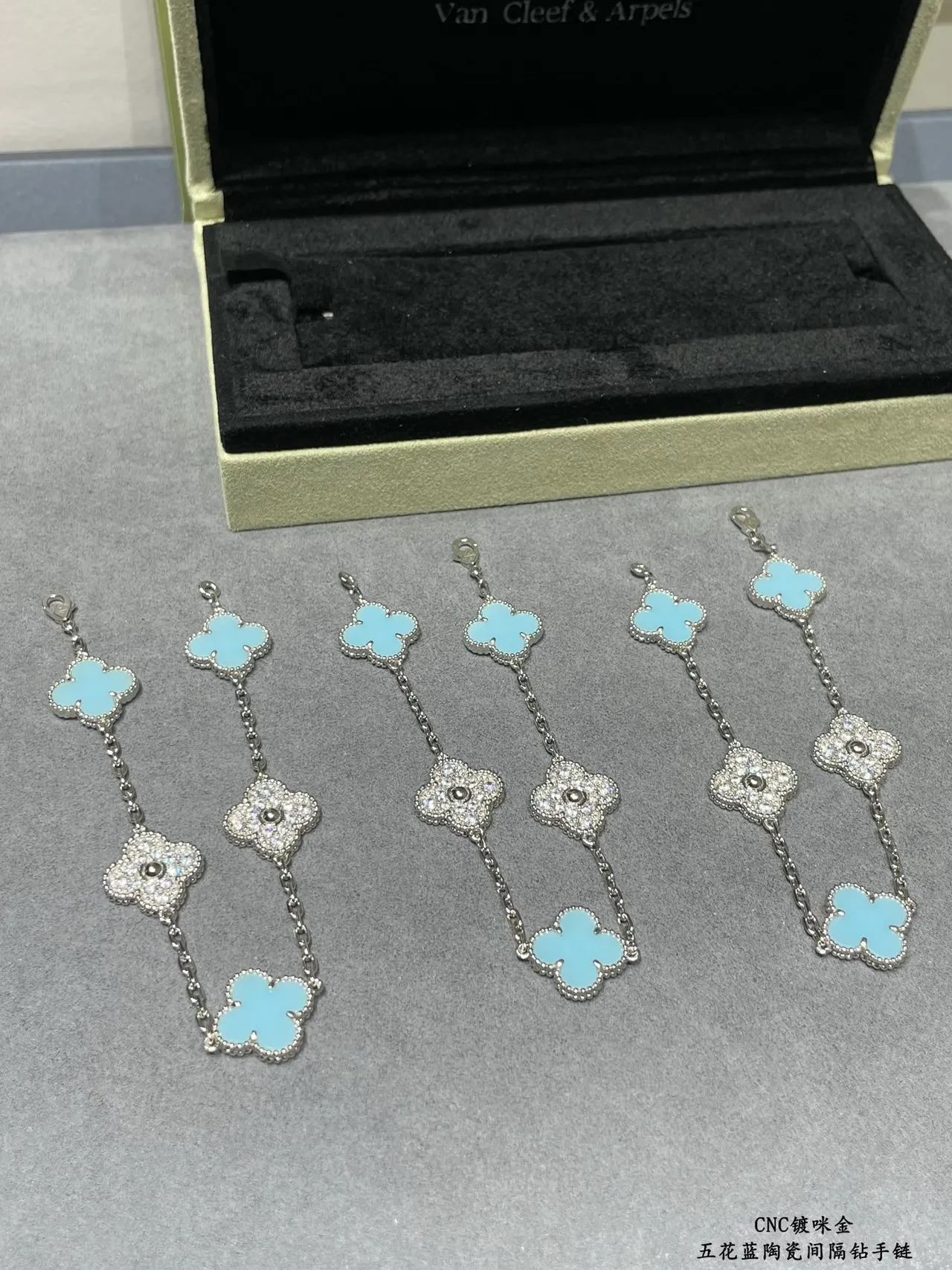 Blue Silver Four-Leaf Clover Charms Light Enamel Inlay Bracelet 8