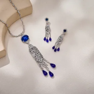 Azul Prateado Pavé-Set Tassel-Drop colar