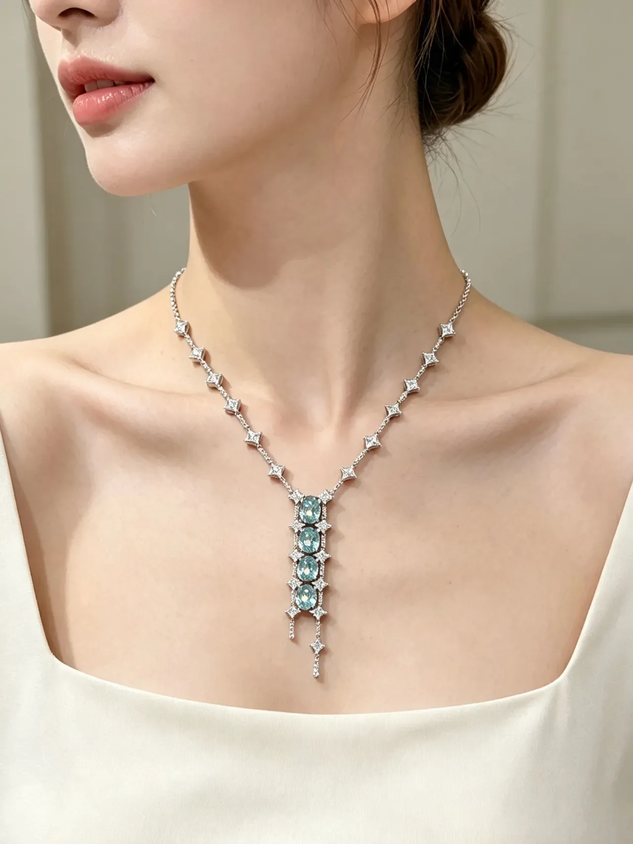 Blue Silver V-Drop Pendant Oval Gemstones Necklace 8