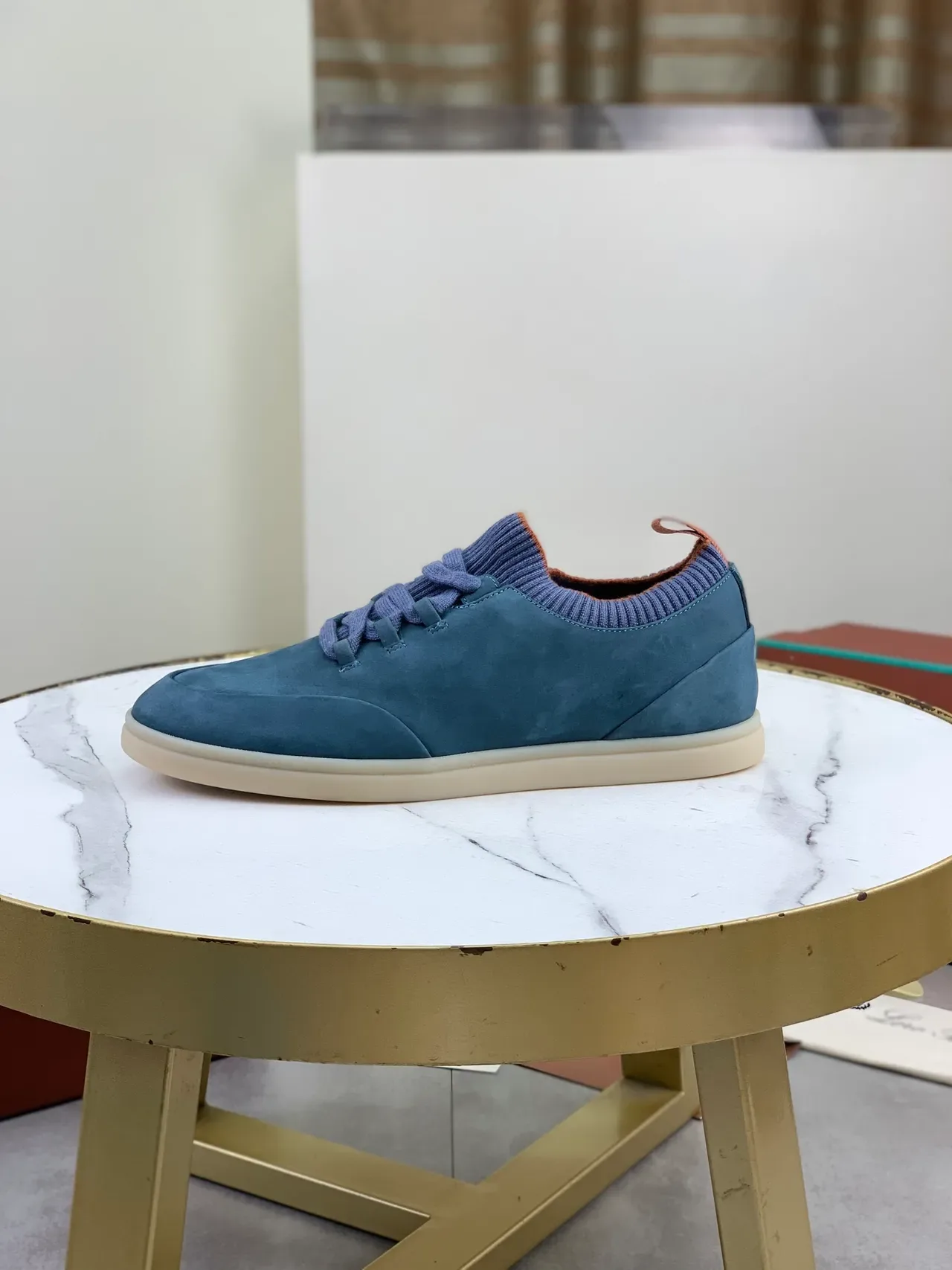 Blue Suede Knit-Collar Lace-Up Lifestyle Sneakers 5