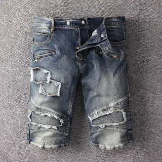Blue White Distressed Zippered Pockets Shorts