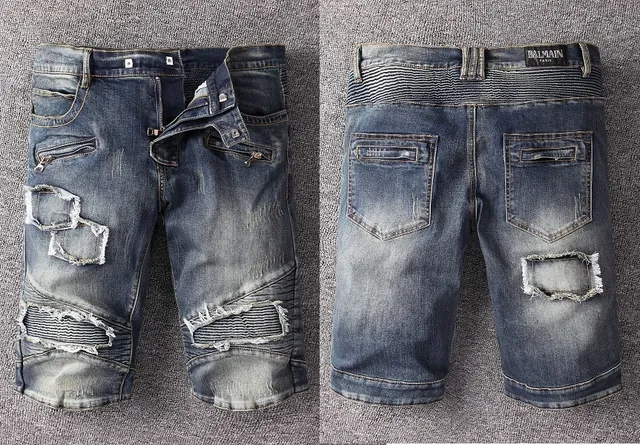 Blue White Distressed Zippered Pockets Shorts 13