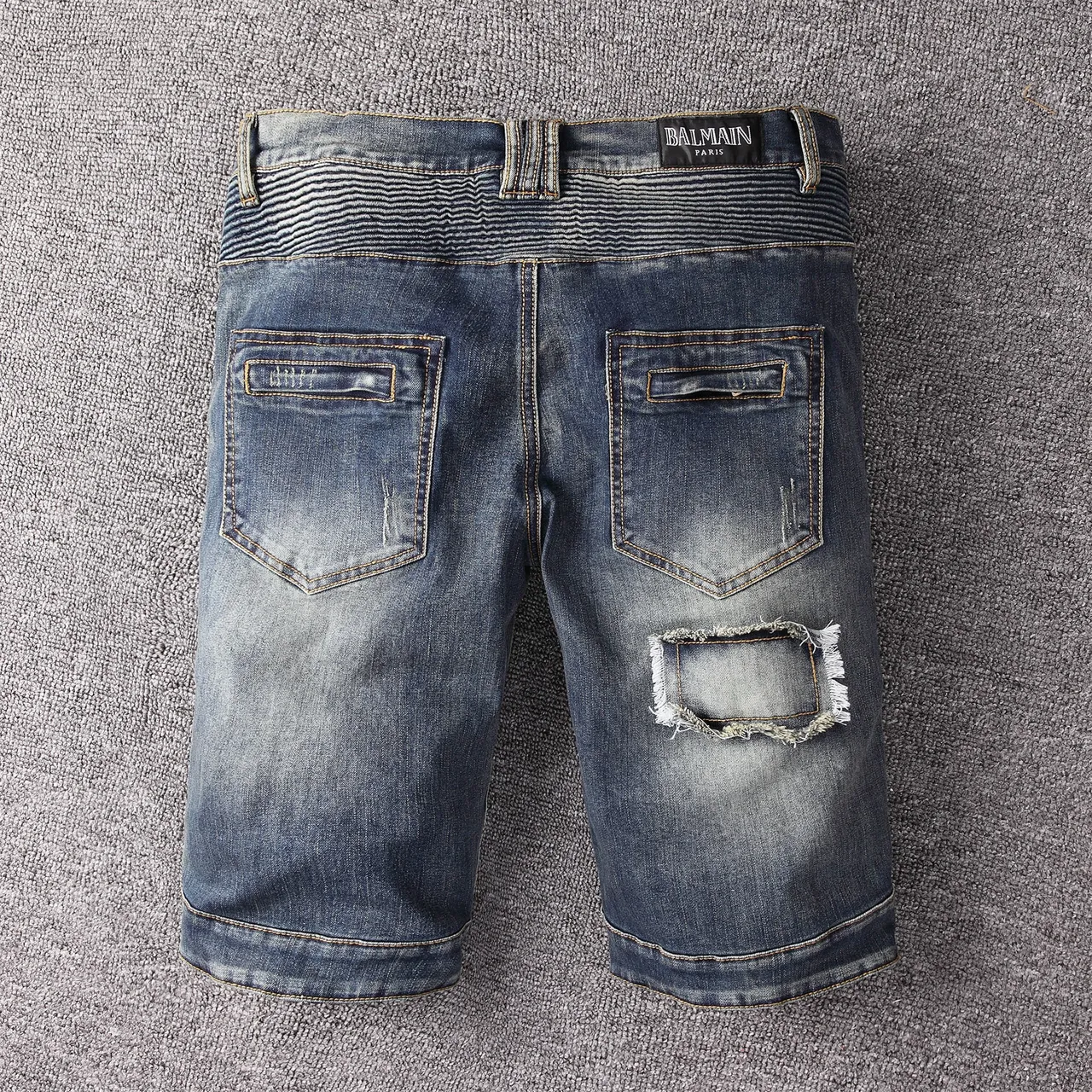 Blue White Distressed Zippered Pockets Shorts 14