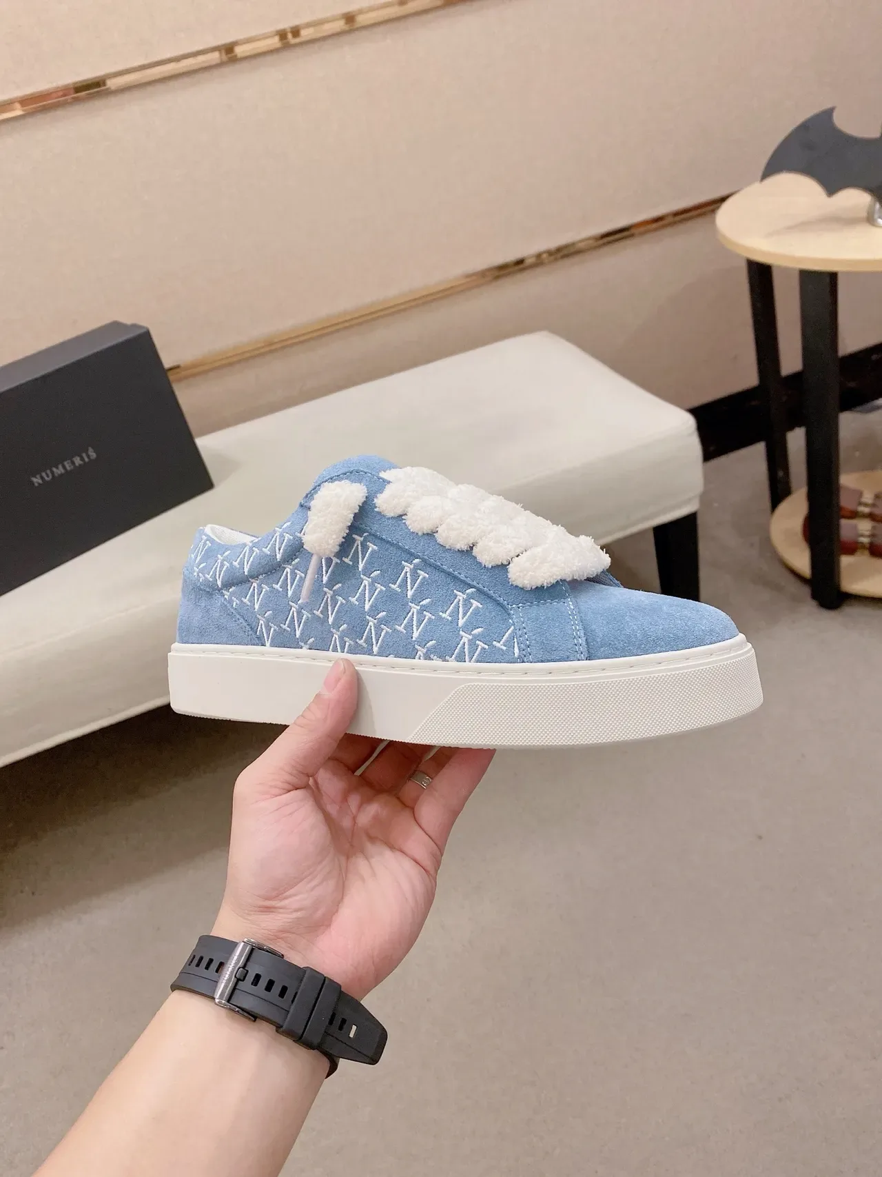 Blue White Light Suede Fluffy Laces Sneakers 4