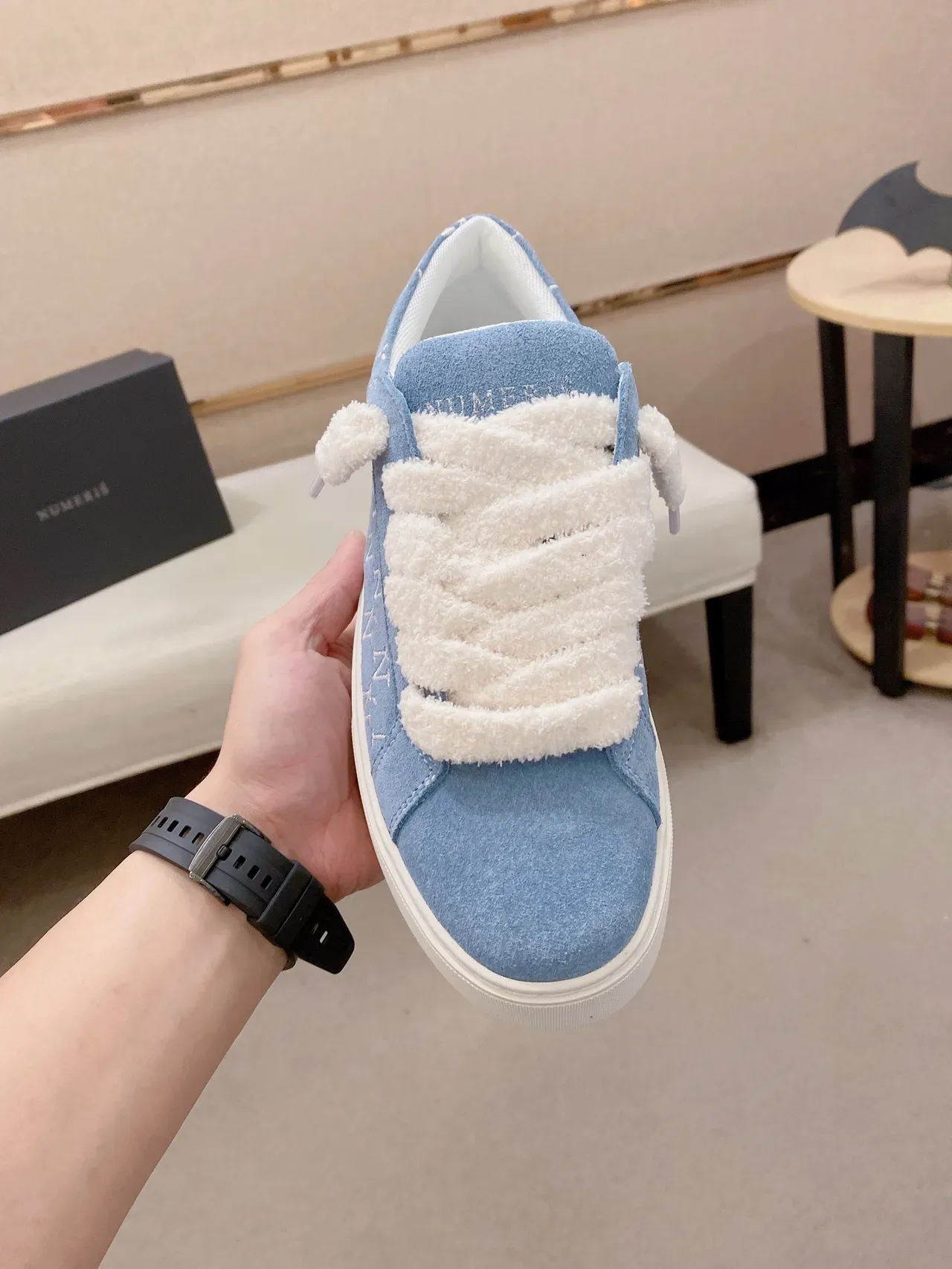 Blue White Light Suede Fluffy Laces Sneakers 5