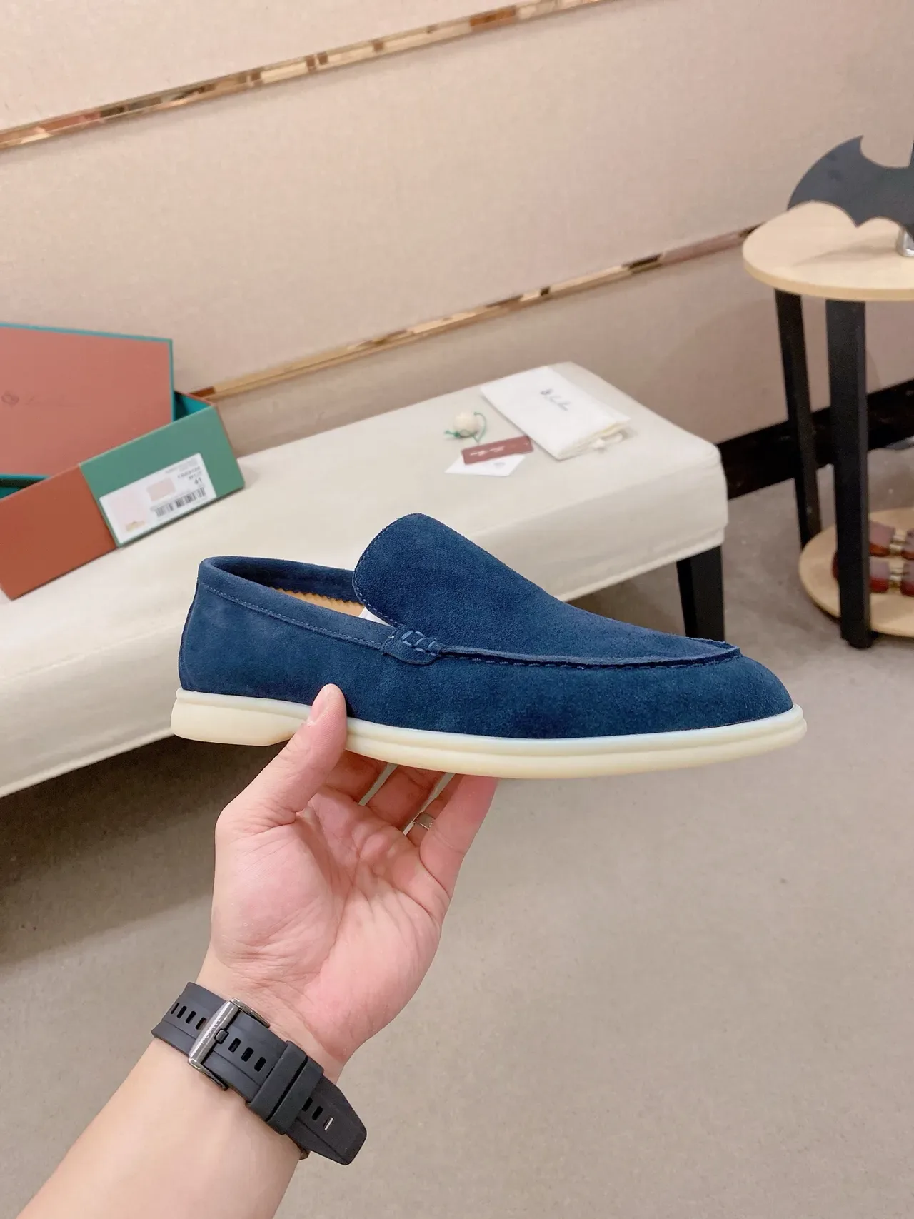 Blue White Suede Upper Moccasin-Stitched Vamp Loafer 4