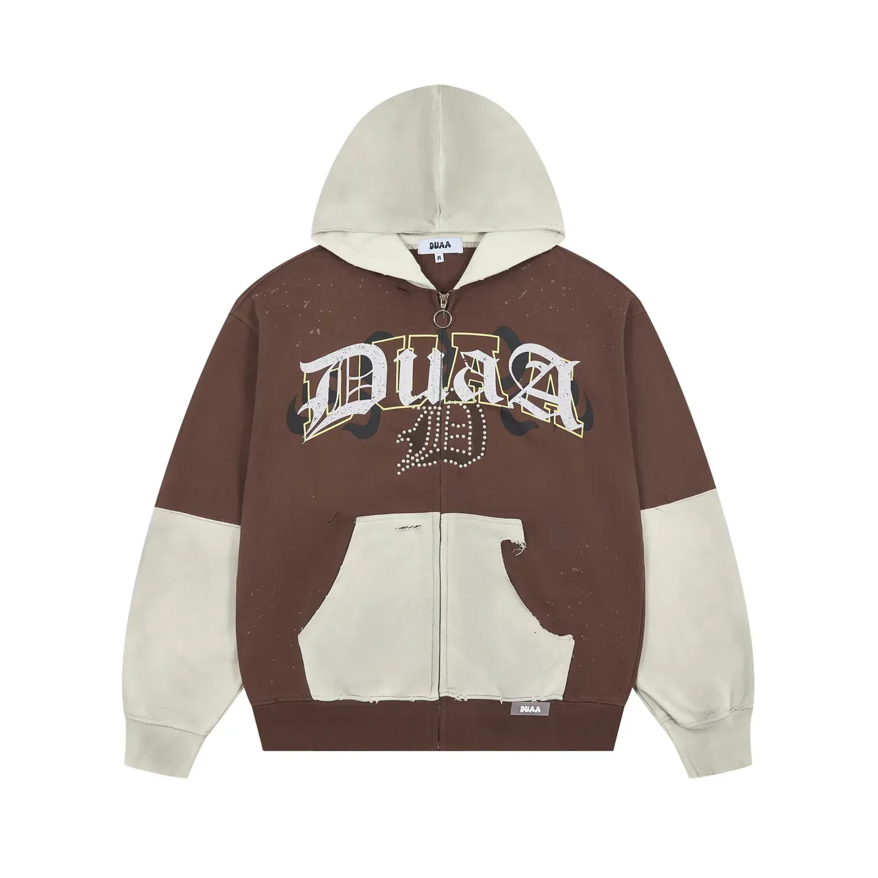 Brown and Beige Color-Blocked Rhinestone Logo Zip-Up Hoodie 3