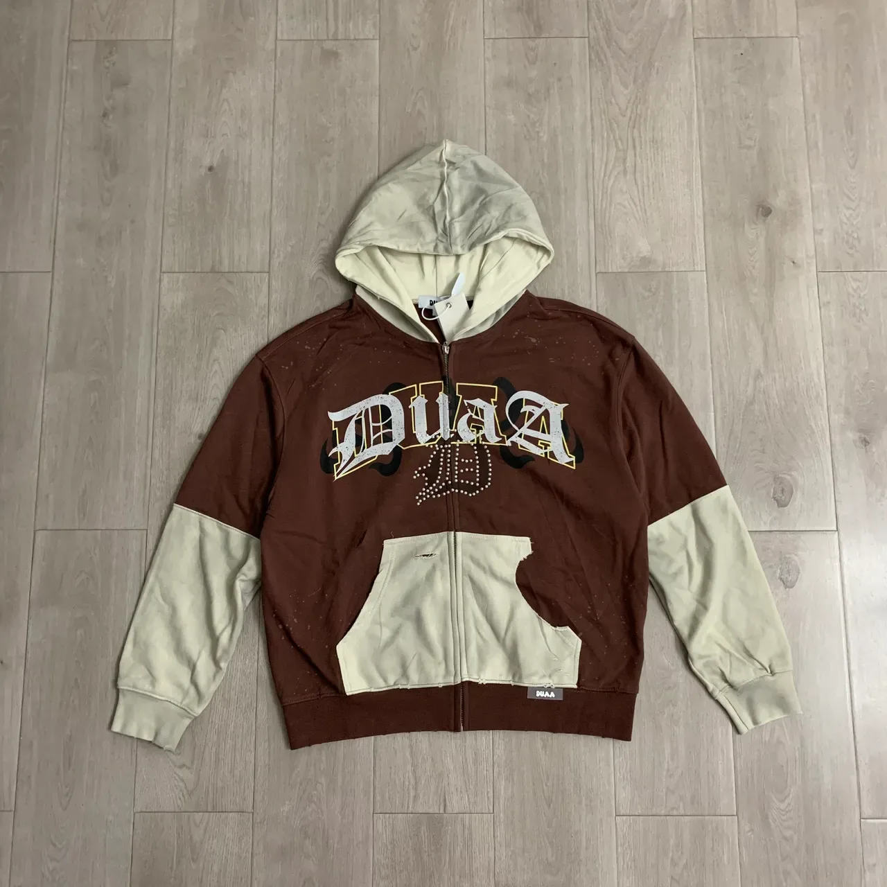 Brown and Beige Color-Blocked Rhinestone Logo Zip-Up Hoodie 6