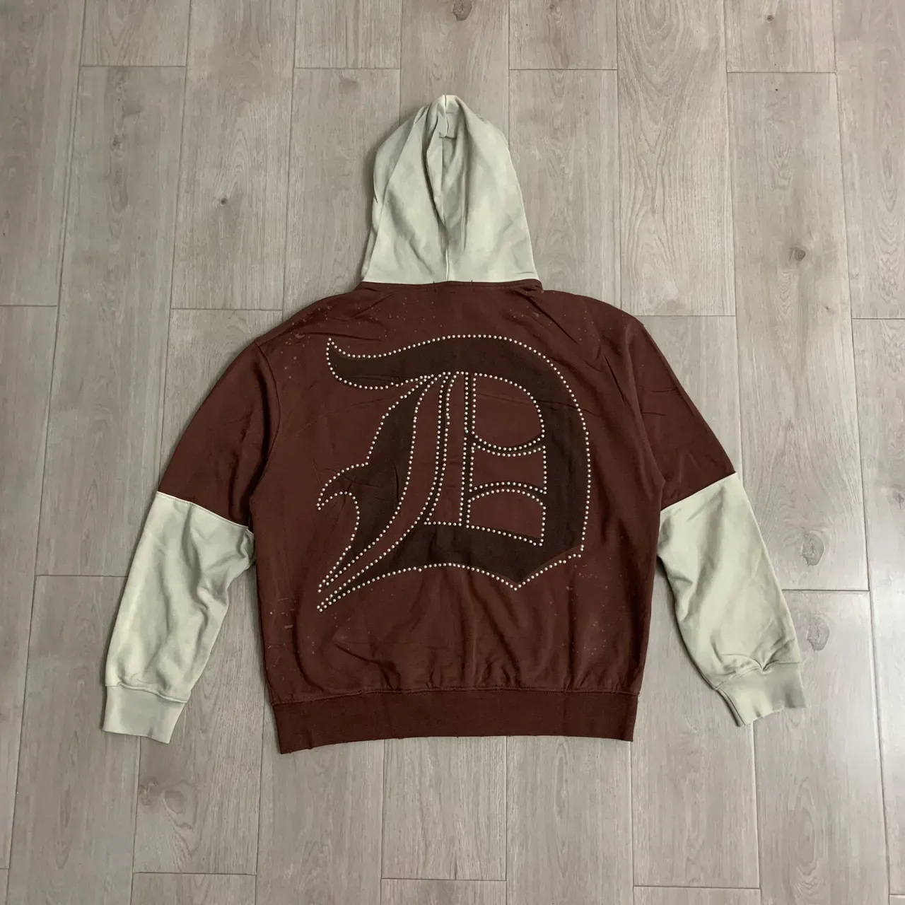 Brown and Beige Color-Blocked Rhinestone Logo Zip-Up Hoodie 7