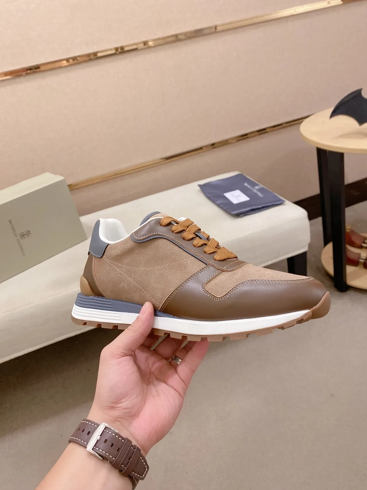 Brown and Tan Suede Leather Panel Sneaker 4