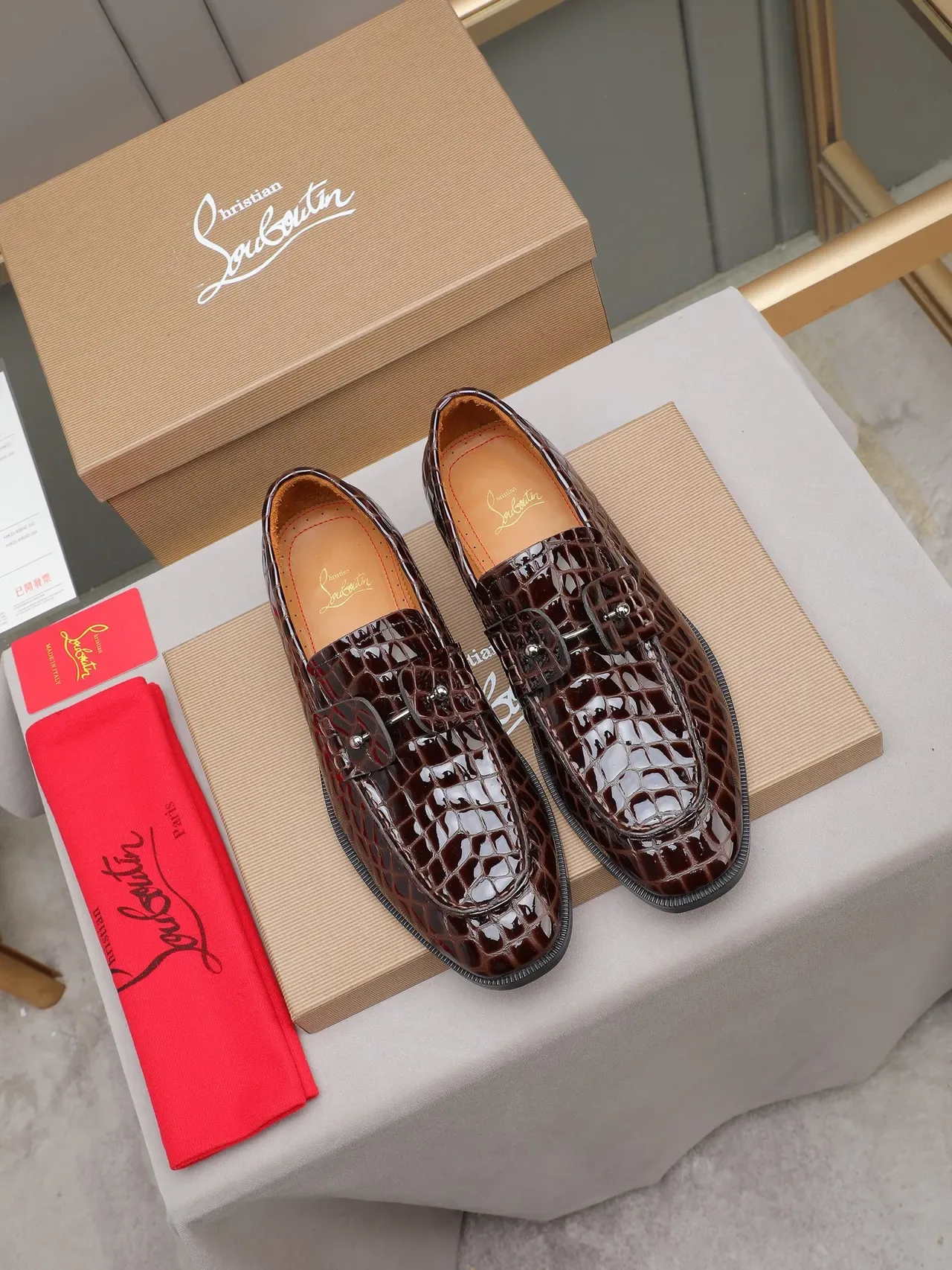 Brown Crocodile-Embossed Buckle Strap Loafer 2