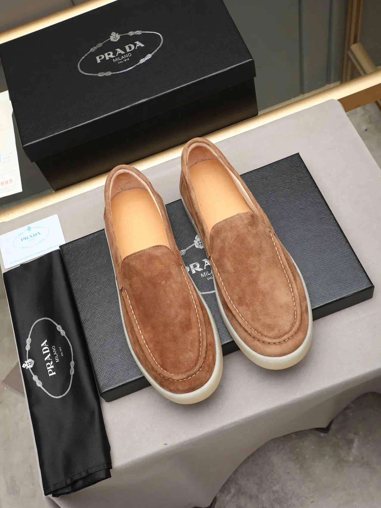 Brown Suede Moccasin-Stitched Slip-On Loafers 3