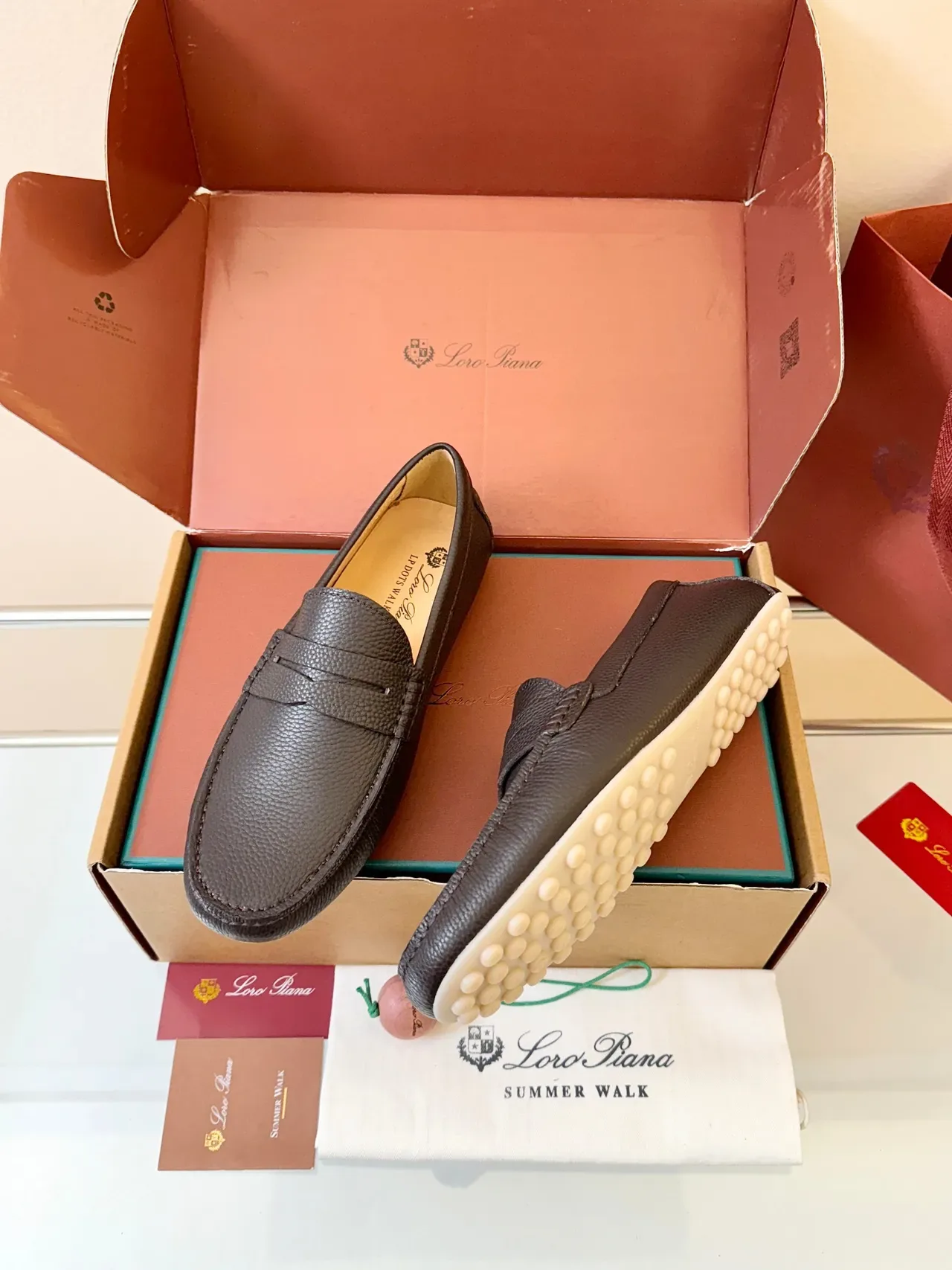 Brown White Pebbled Leather Penny Strap Loafer 2