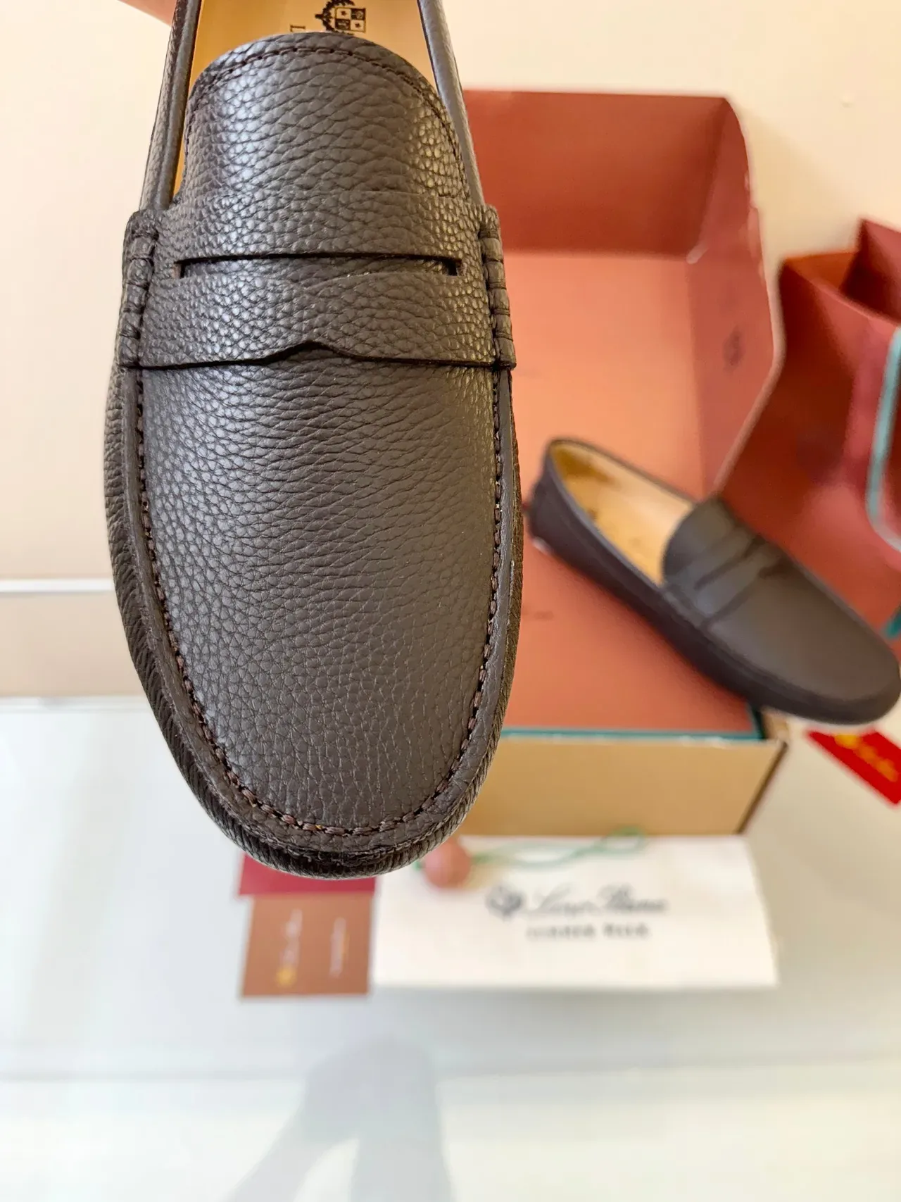 Brown White Pebbled Leather Penny Strap Loafer 3