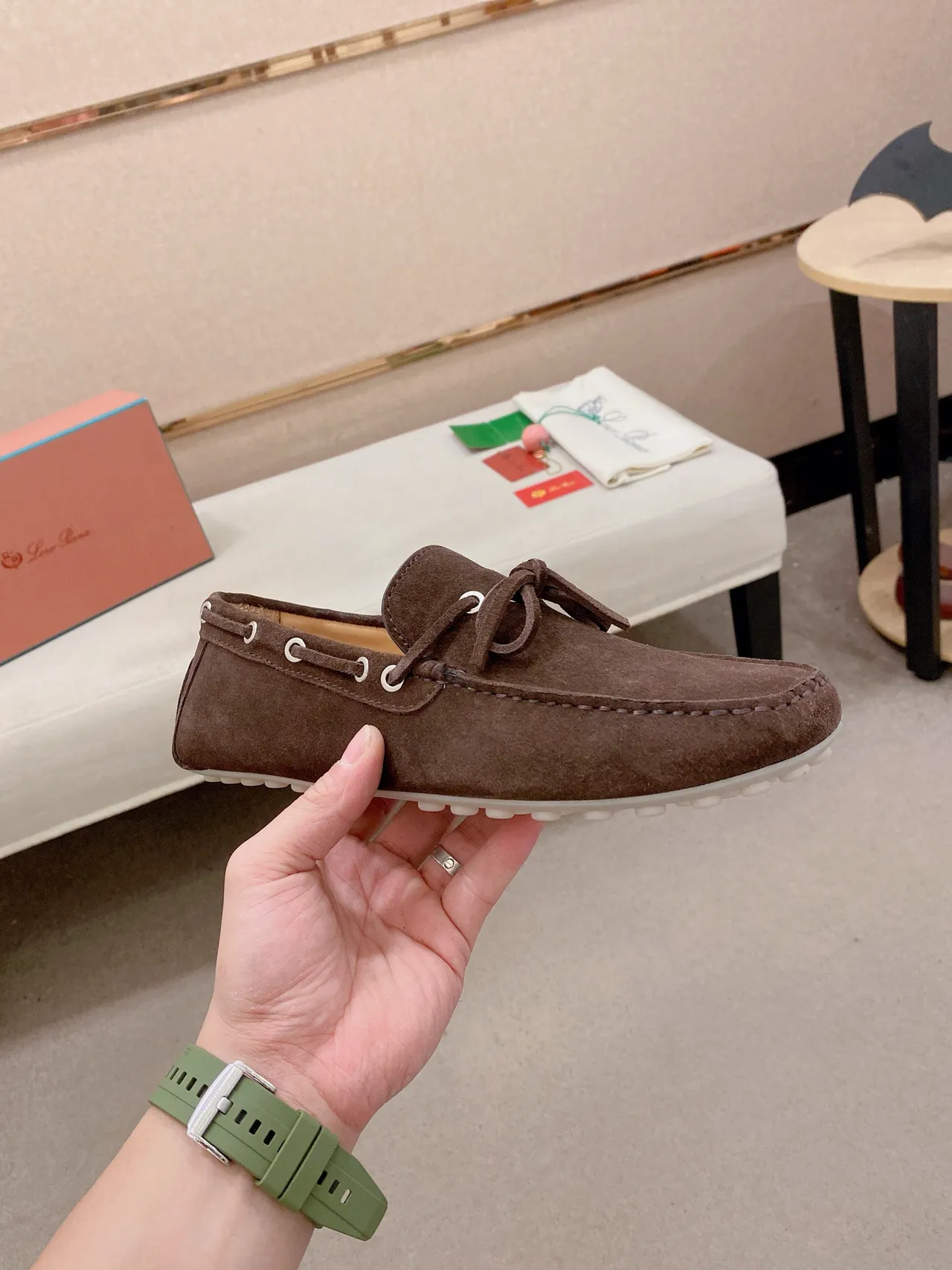 Brown White Suede Upper Moc-Toe Stitching Loafer 4