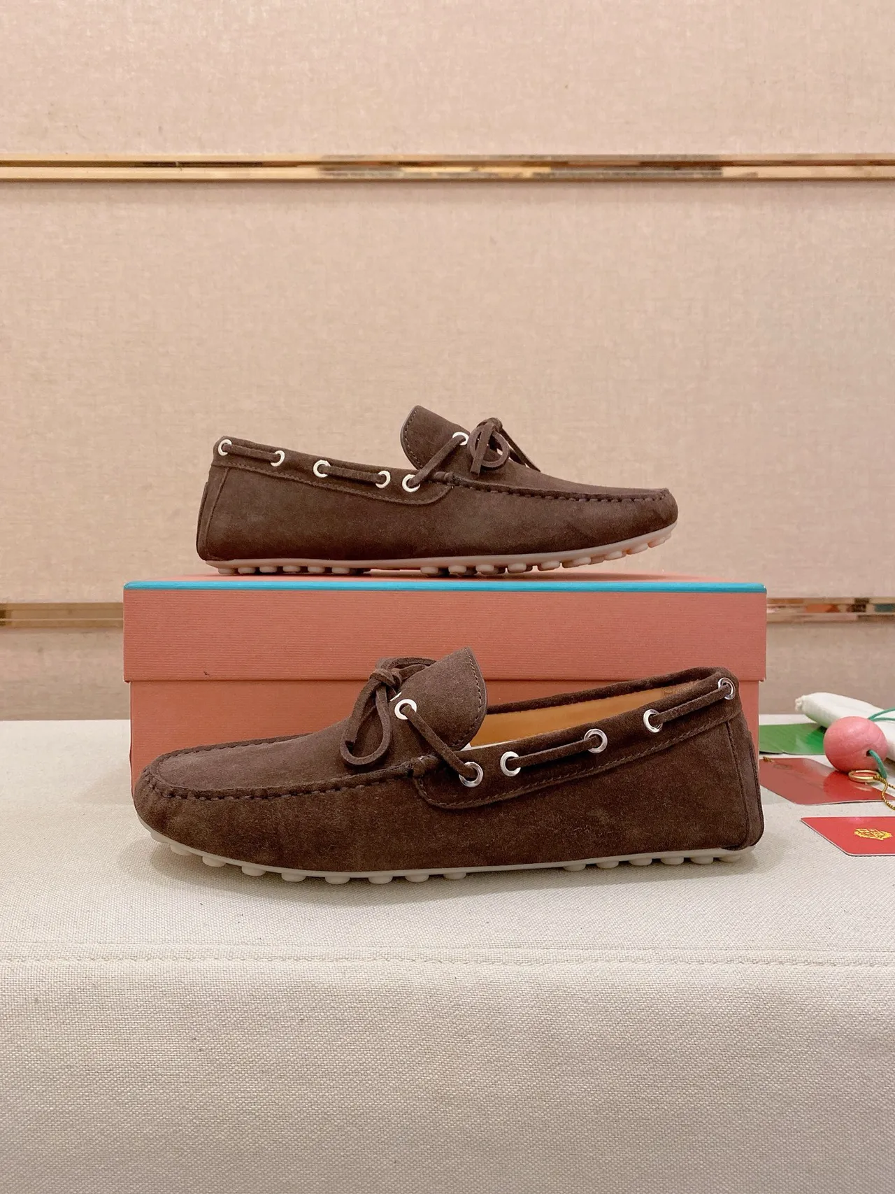 Brown White Suede Upper Moc-Toe Stitching Loafer 7