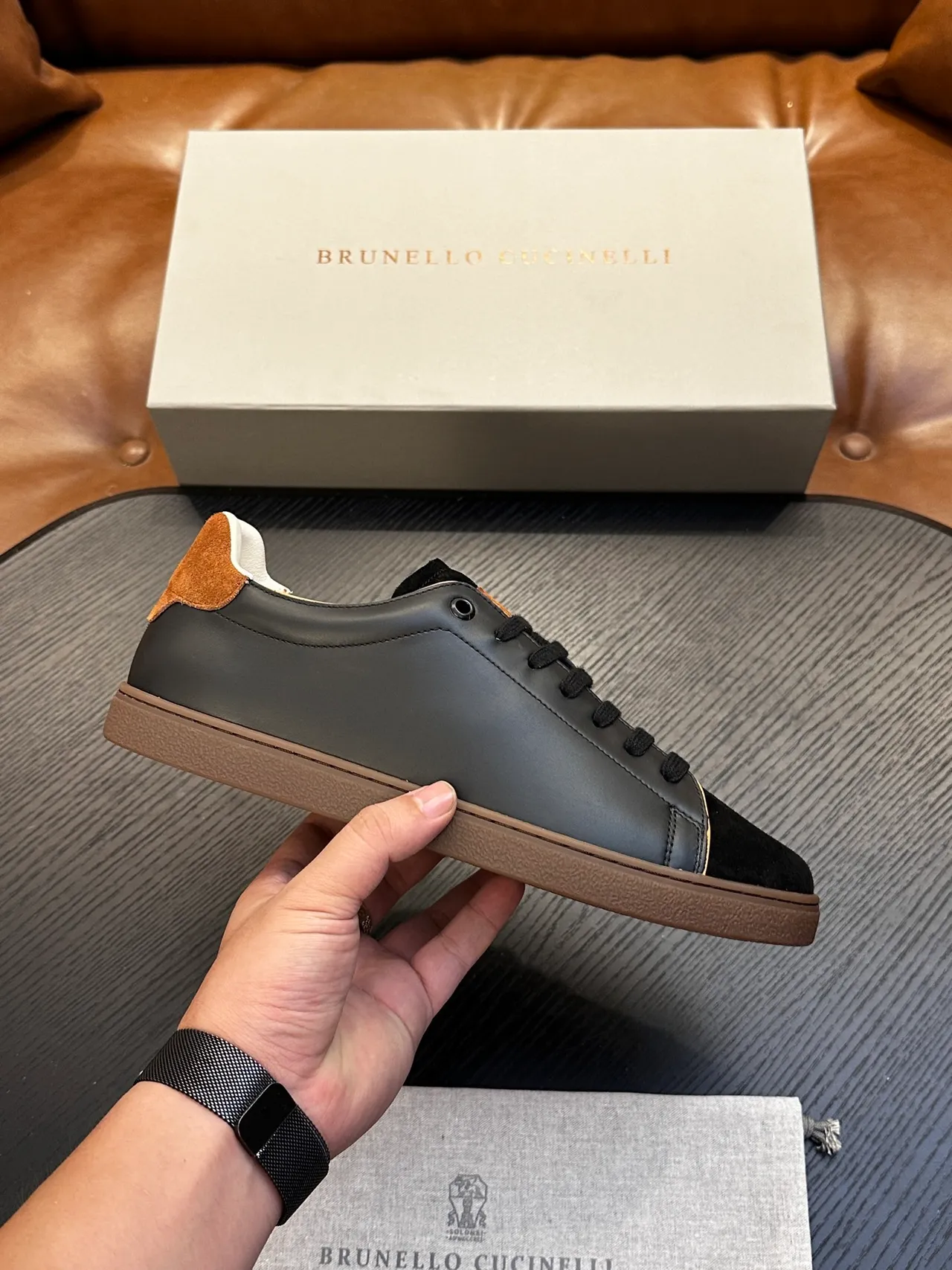 Brunello Cucinelli Black Brown Leather And Suede Gold Foil Branding Casual Shoes 2