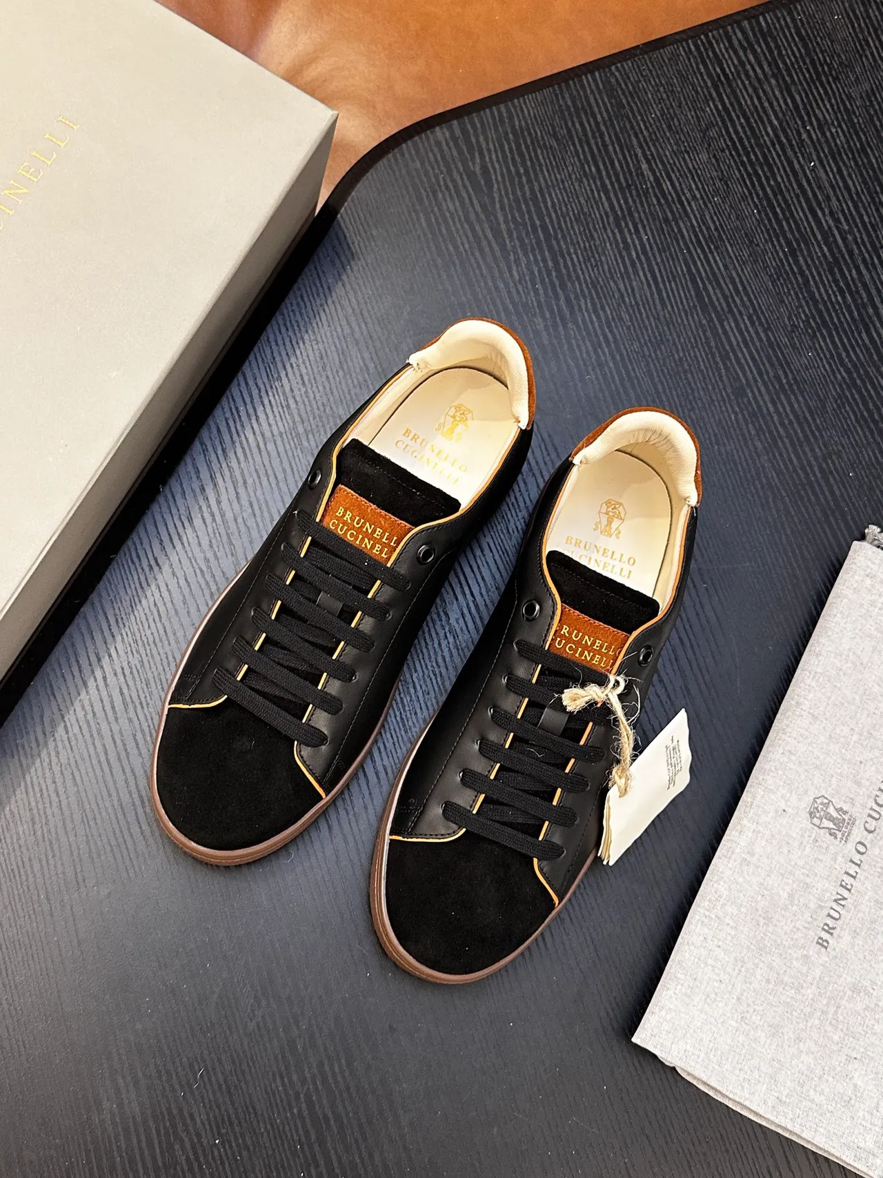 Brunello Cucinelli Black Brown Leather And Suede Gold Foil Branding Casual Shoes 3