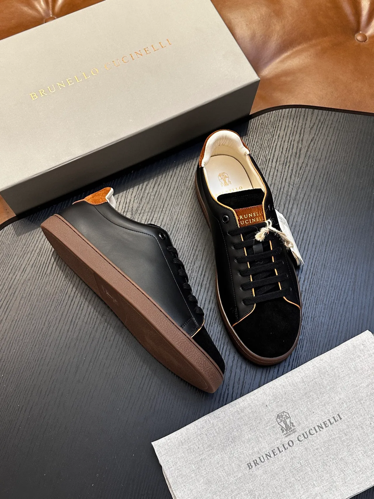 Brunello Cucinelli Black Brown Leather And Suede Gold Foil Branding Casual Shoes 4