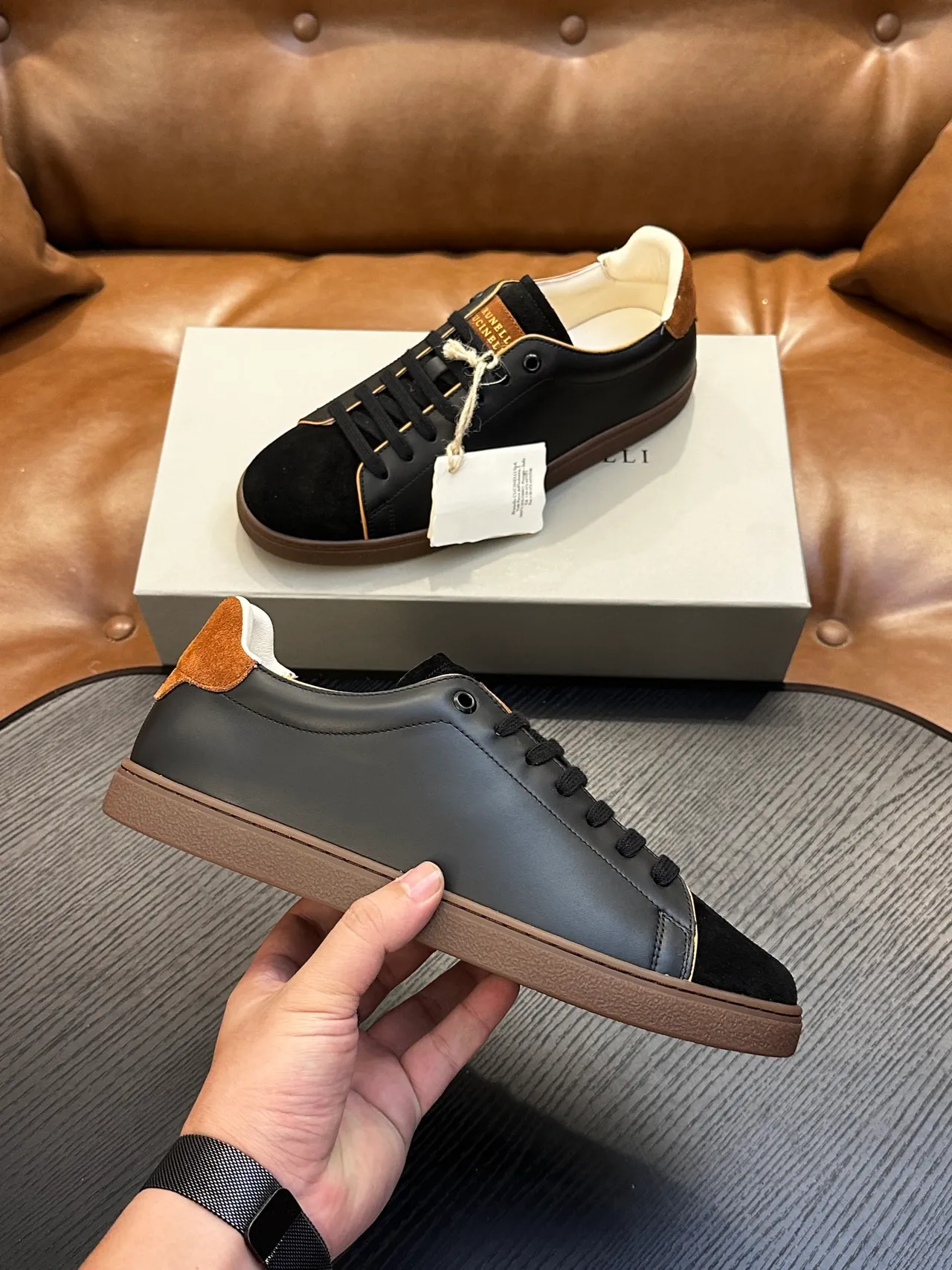 Brunello Cucinelli Black Brown Leather And Suede Gold Foil Branding Casual Shoes 5