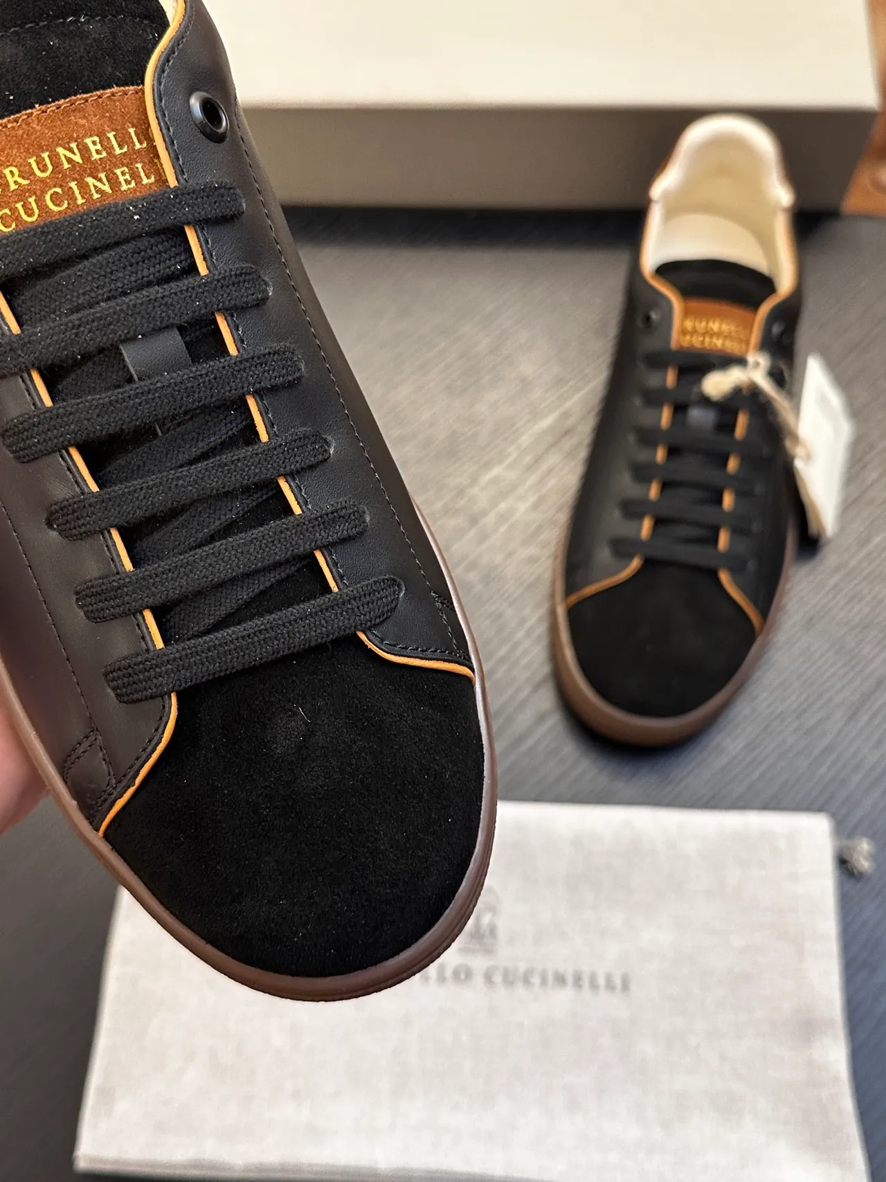Brunello Cucinelli Black Brown Leather And Suede Gold Foil Branding Casual Shoes 6