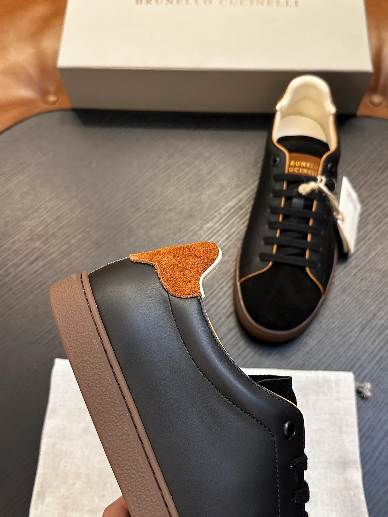 Brunello Cucinelli Black Brown Leather And Suede Gold Foil Branding Casual Shoes 7