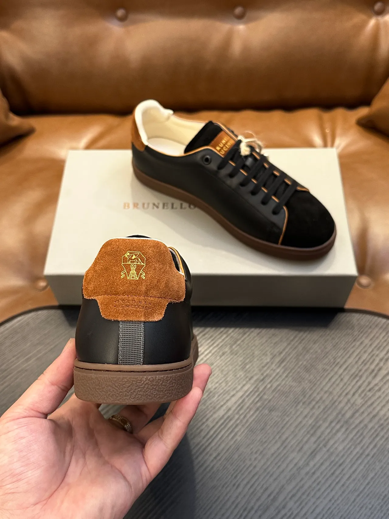 Brunello Cucinelli Black Brown Leather And Suede Gold Foil Branding Casual Shoes 8