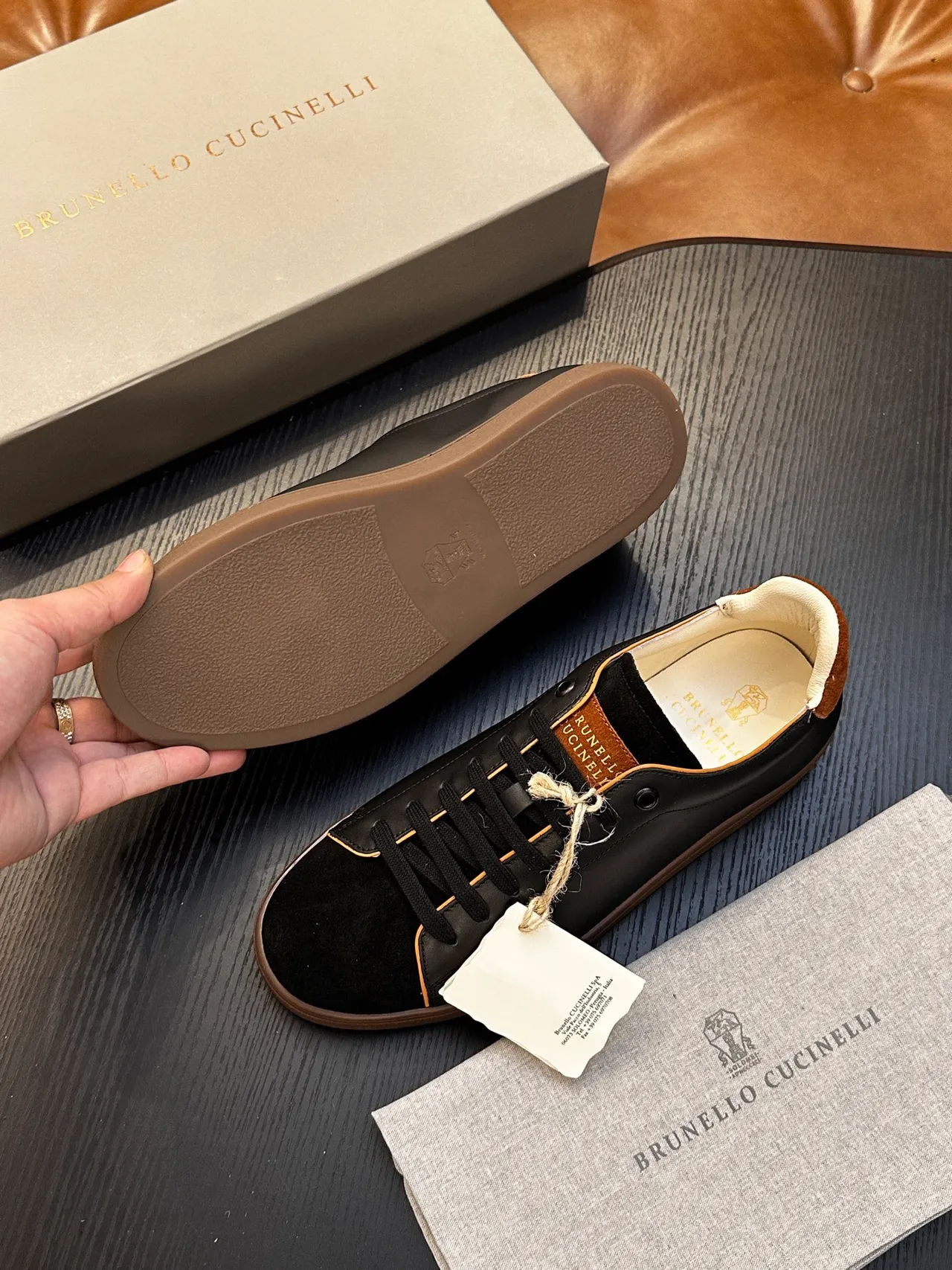 Brunello Cucinelli Black Brown Leather And Suede Gold Foil Branding Casual Shoes 9