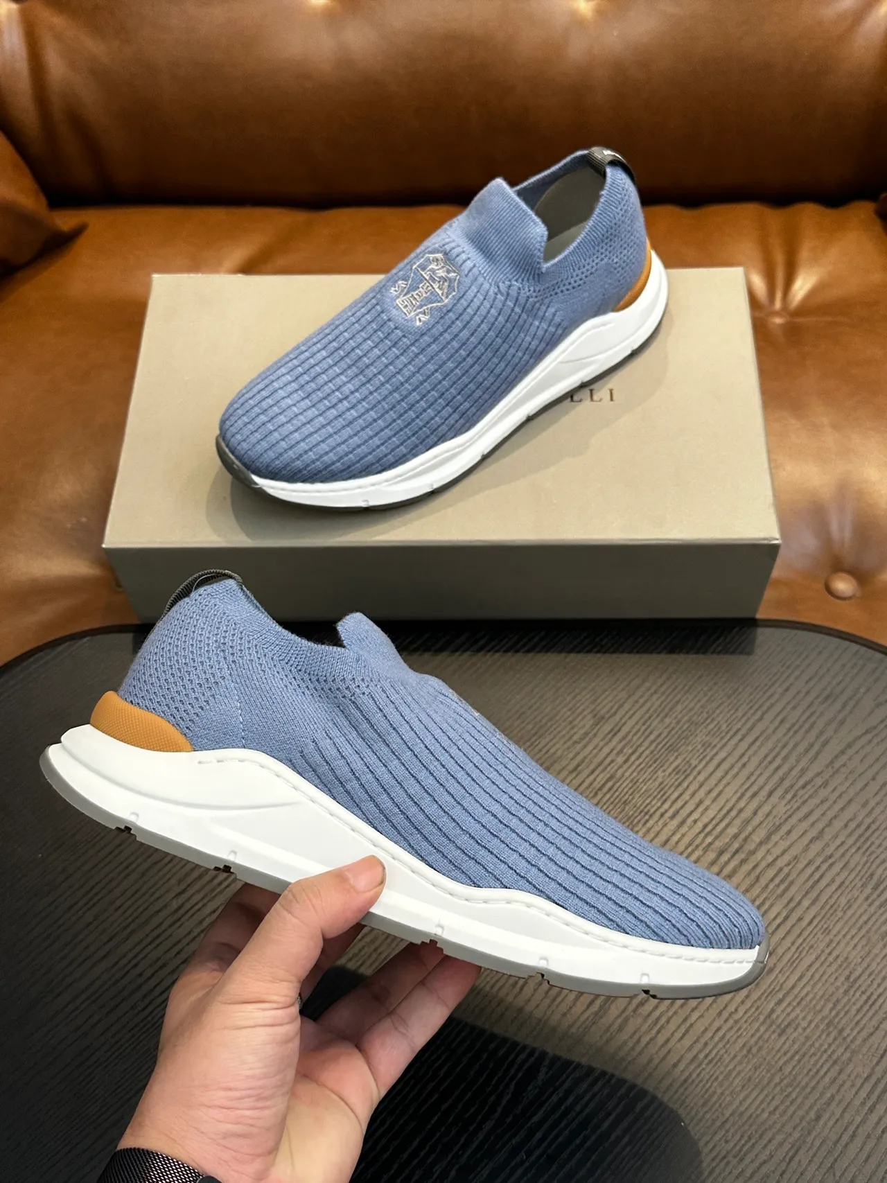 Brunello Cucinelli Blue White Ribbed Knit Upper Slip-On Construction Loafer 5