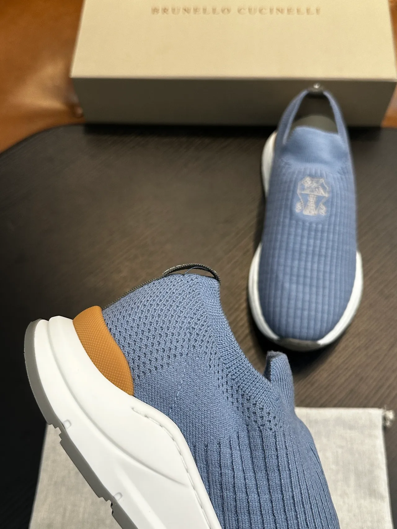 Brunello Cucinelli Blue White Ribbed Knit Upper Slip-On Construction Loafer 7