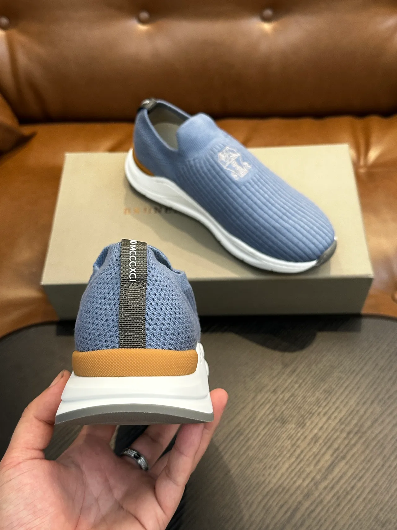 Brunello Cucinelli Blue White Ribbed Knit Upper Slip-On Construction Loafer 8