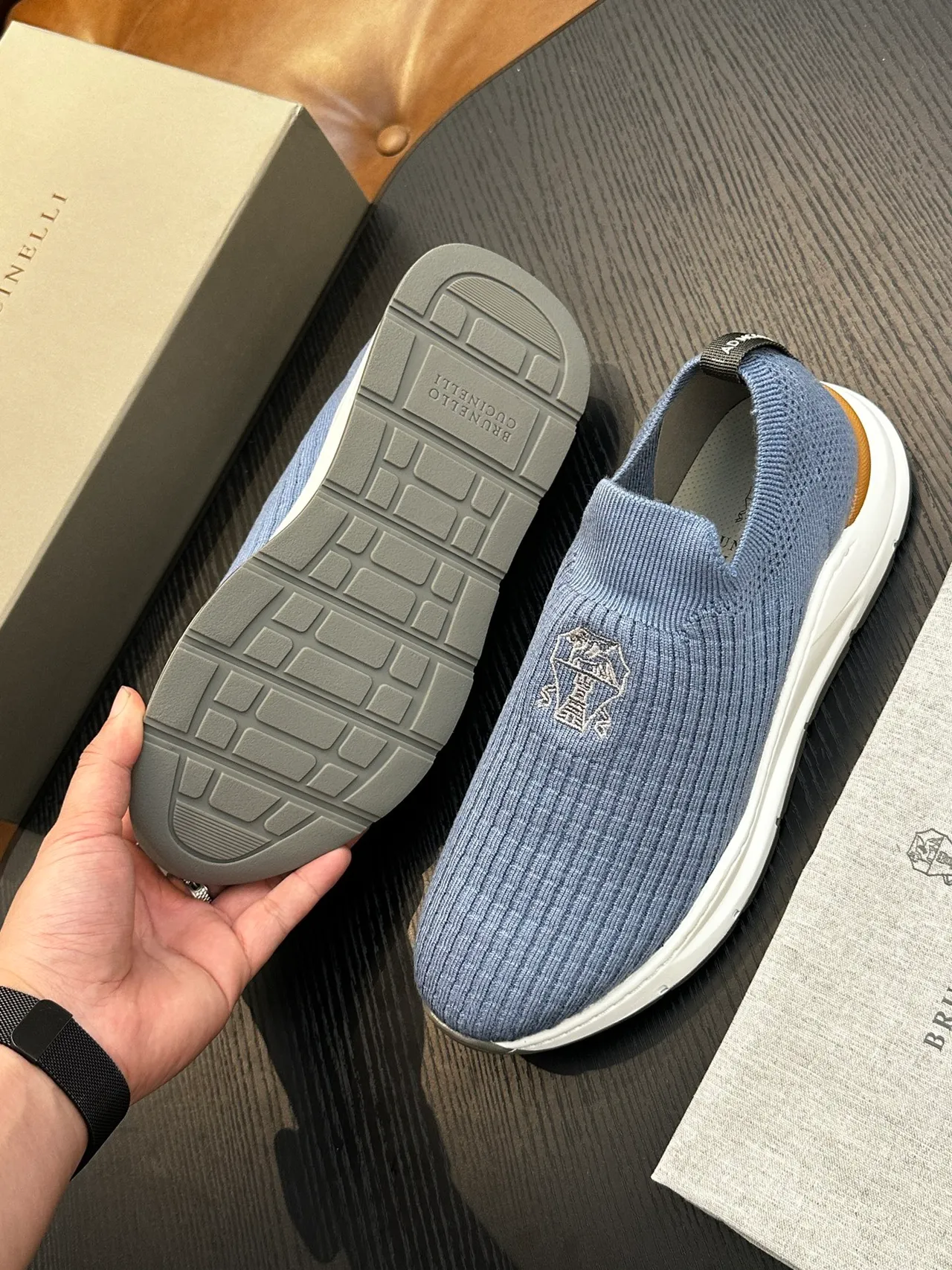 Brunello Cucinelli Blue White Ribbed Knit Upper Slip-On Construction Loafer 9