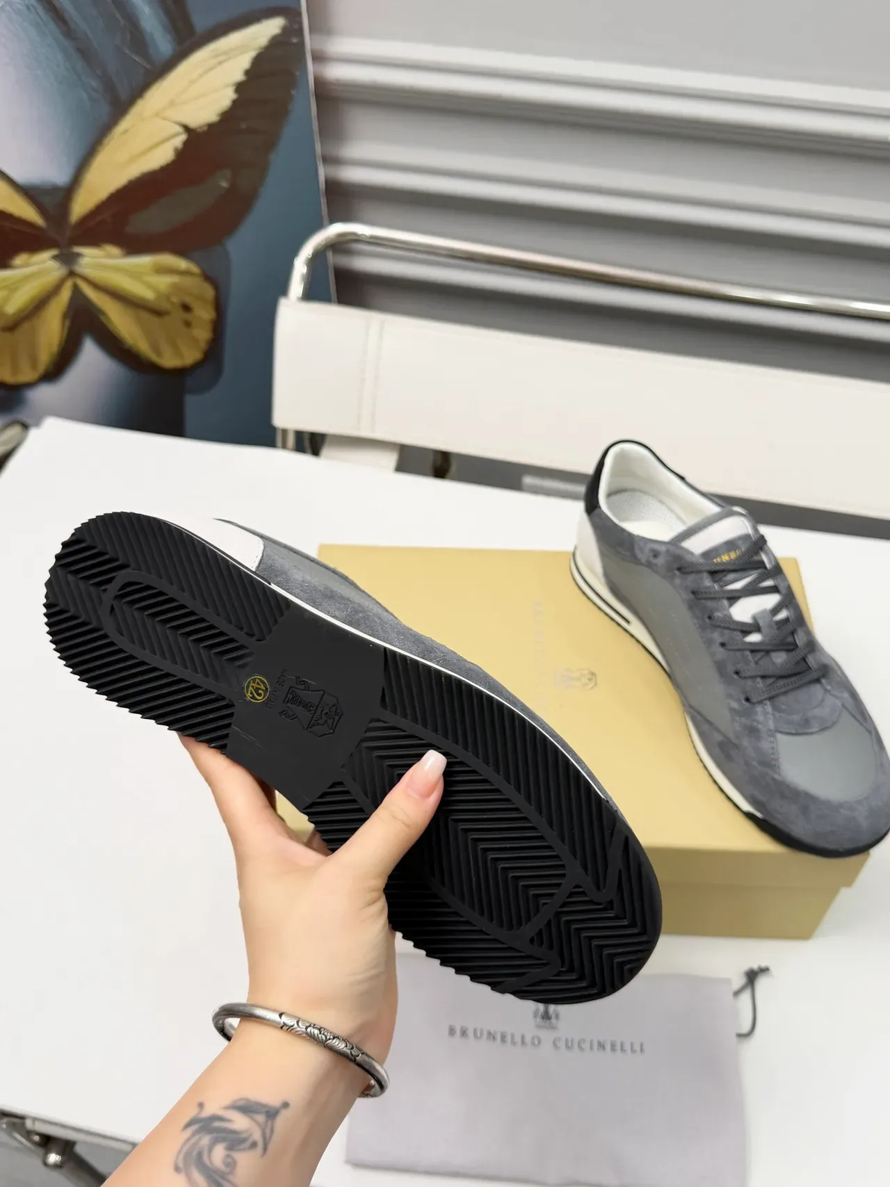 Brunello Cucinelli Gray Suede and Pebbled Leather Lifestyle Sneakers 2