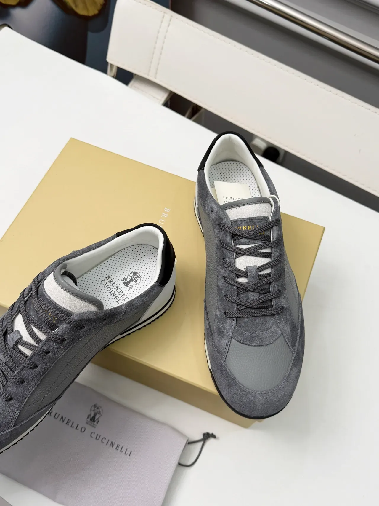Brunello Cucinelli Gray Suede and Pebbled Leather Lifestyle Sneakers 3