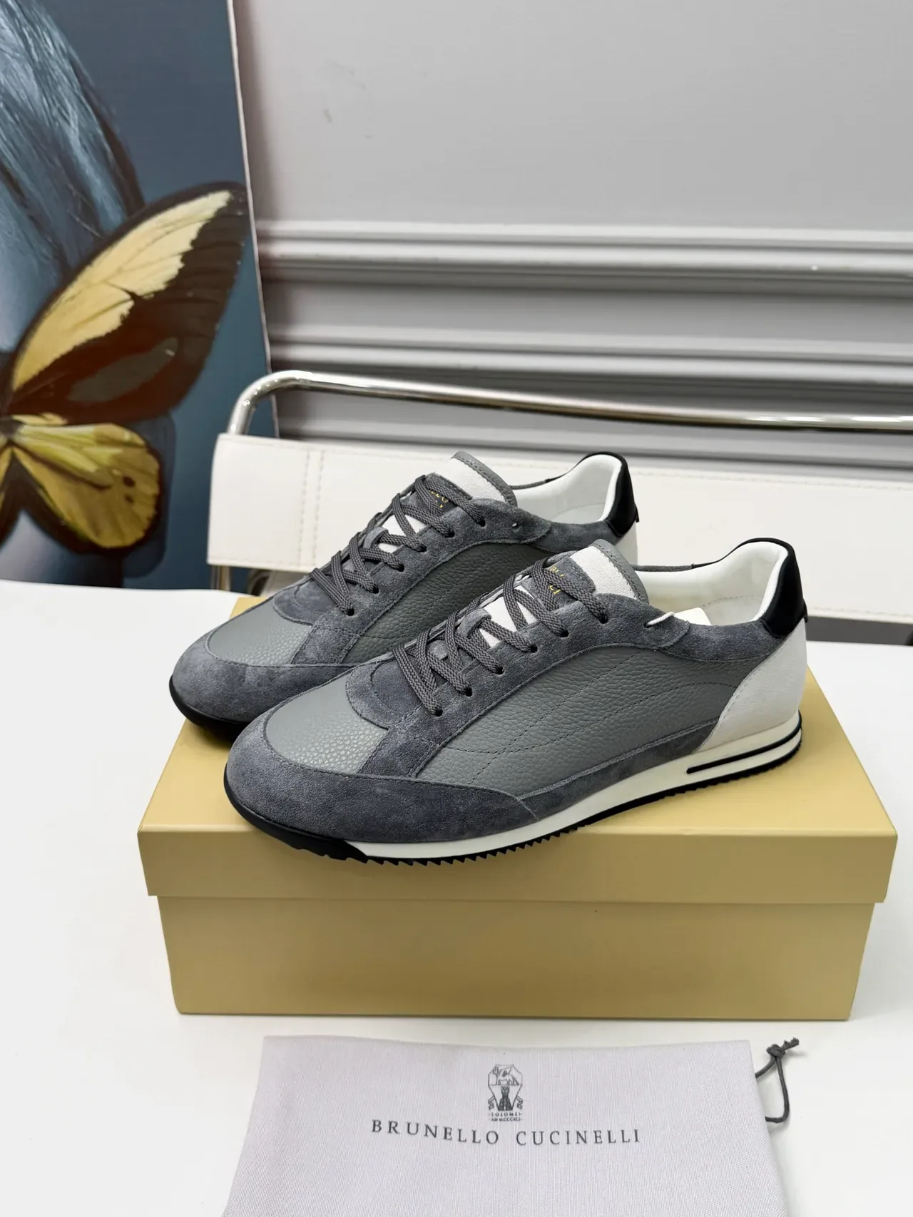 Brunello Cucinelli Gray Suede and Pebbled Leather Lifestyle Sneakers 5