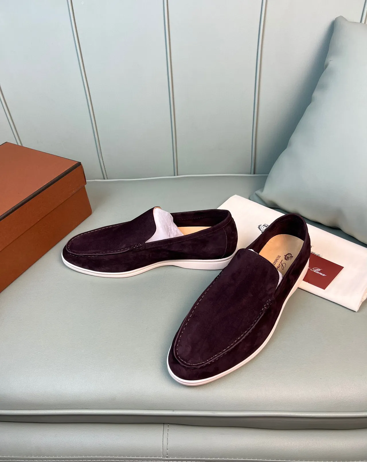 Burgundy Beige Suede Upper Moc-Toe Stitching Loafer 8