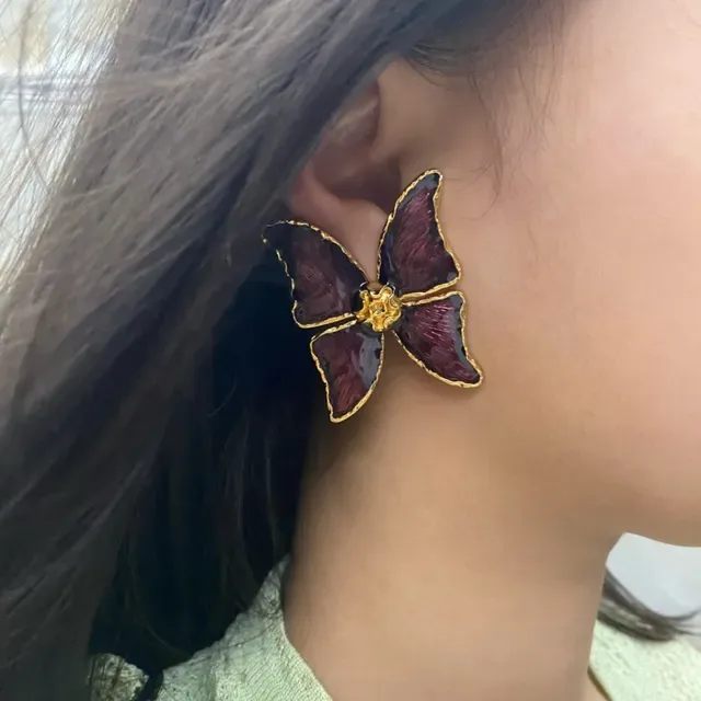 Burgundy Enamel Butterfly Gold-Tone Earrings 2