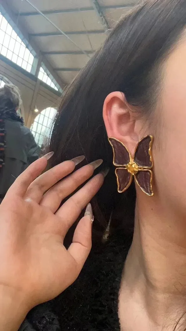 Burgundy Enamel Butterfly Gold-Tone Earrings 3