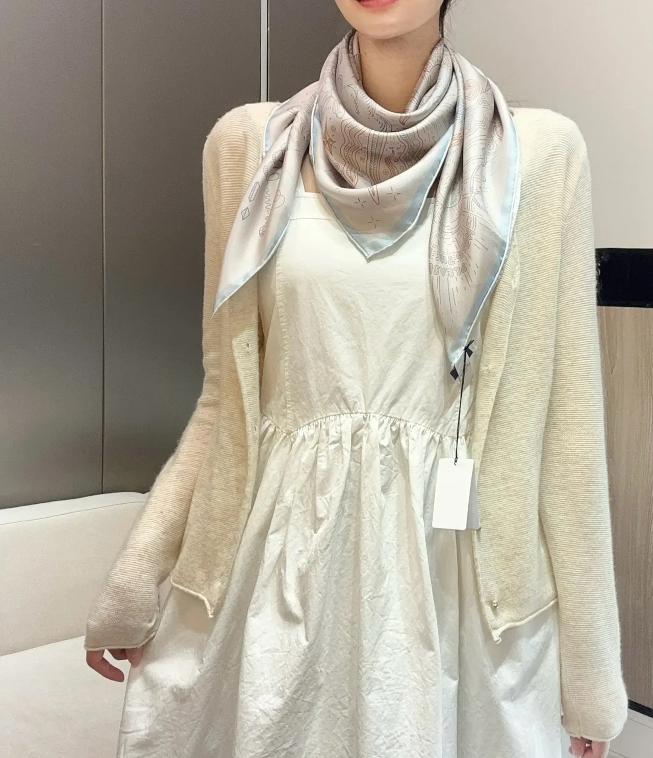Cream Crinkled Empire-Waist Sleeveless Dress 9