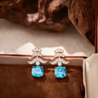 Cushion-Cut Blue Gemstone Diamond Wave Motif Dangling Earrings