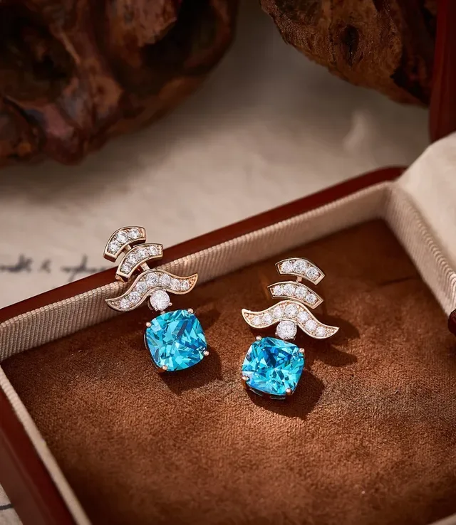 Cushion-Cut Blue Gemstone Diamond Wave Motif Dangling Earrings 3