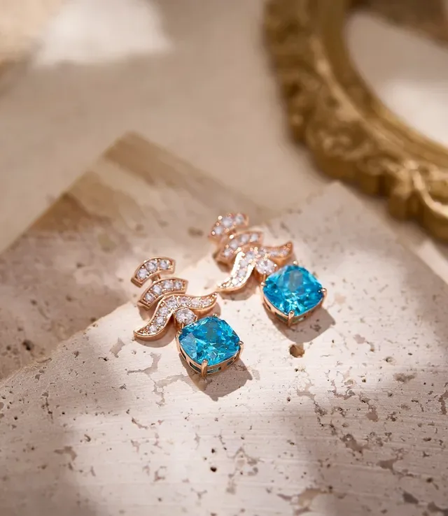 Cushion-Cut Blue Gemstone Diamond Wave Motif Dangling Earrings 5