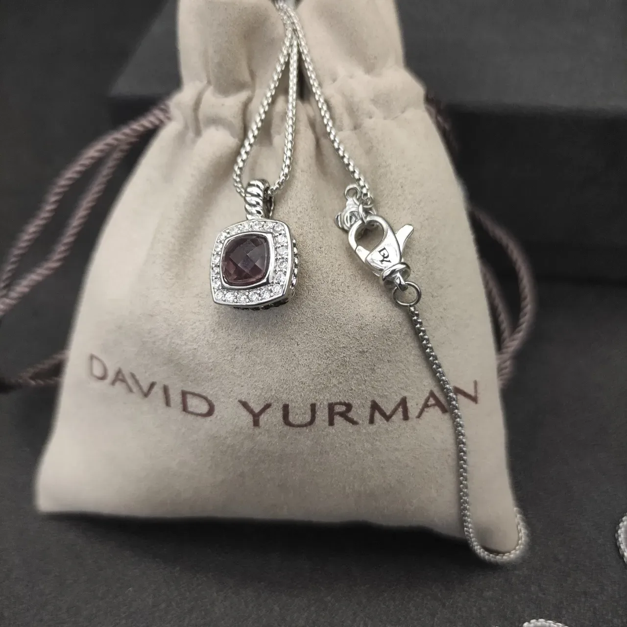 David Yurman Albion Square Cushion Purple Gemstone Pavé Halo Necklace 2