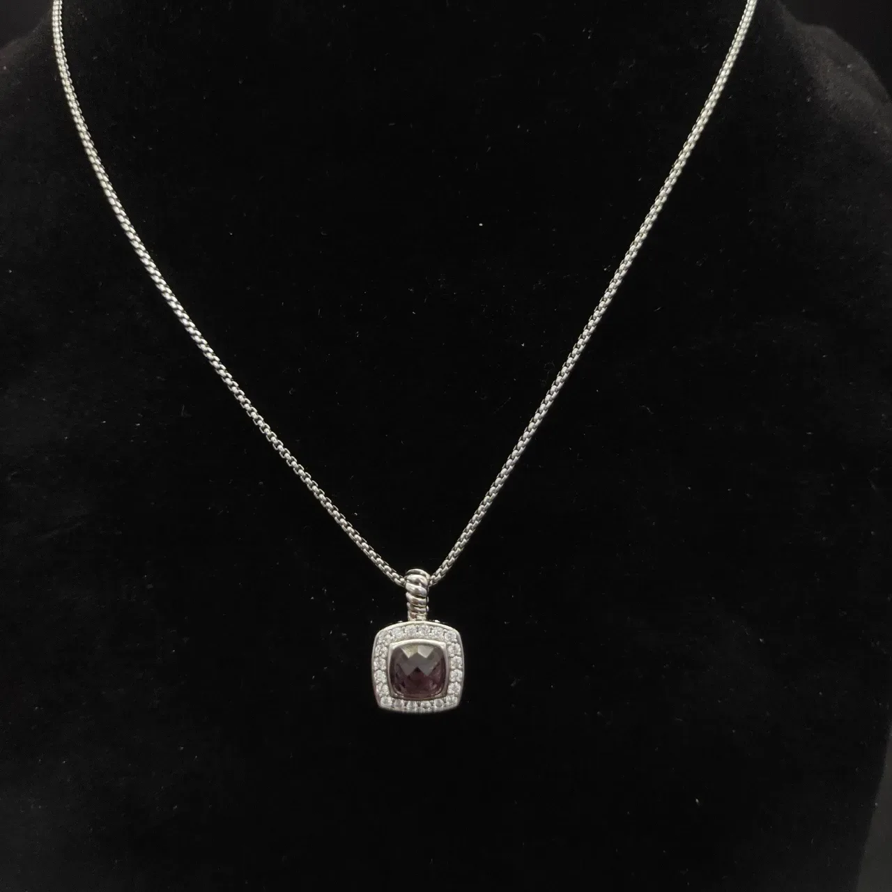 David Yurman Albion Square Cushion Purple Gemstone Pavé Halo Necklace 3