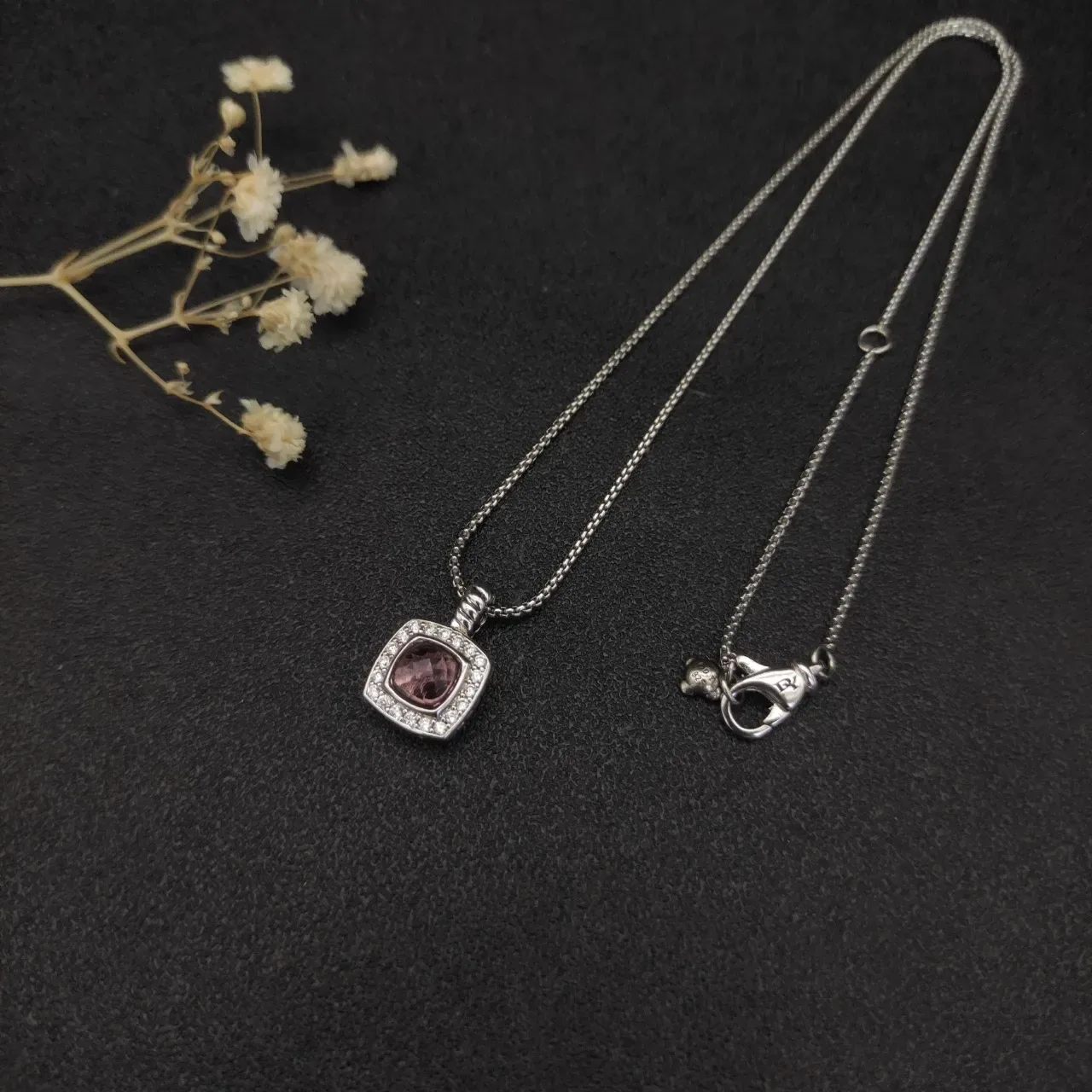 David Yurman Albion Square Cushion Purple Gemstone Pavé Halo Necklace 4